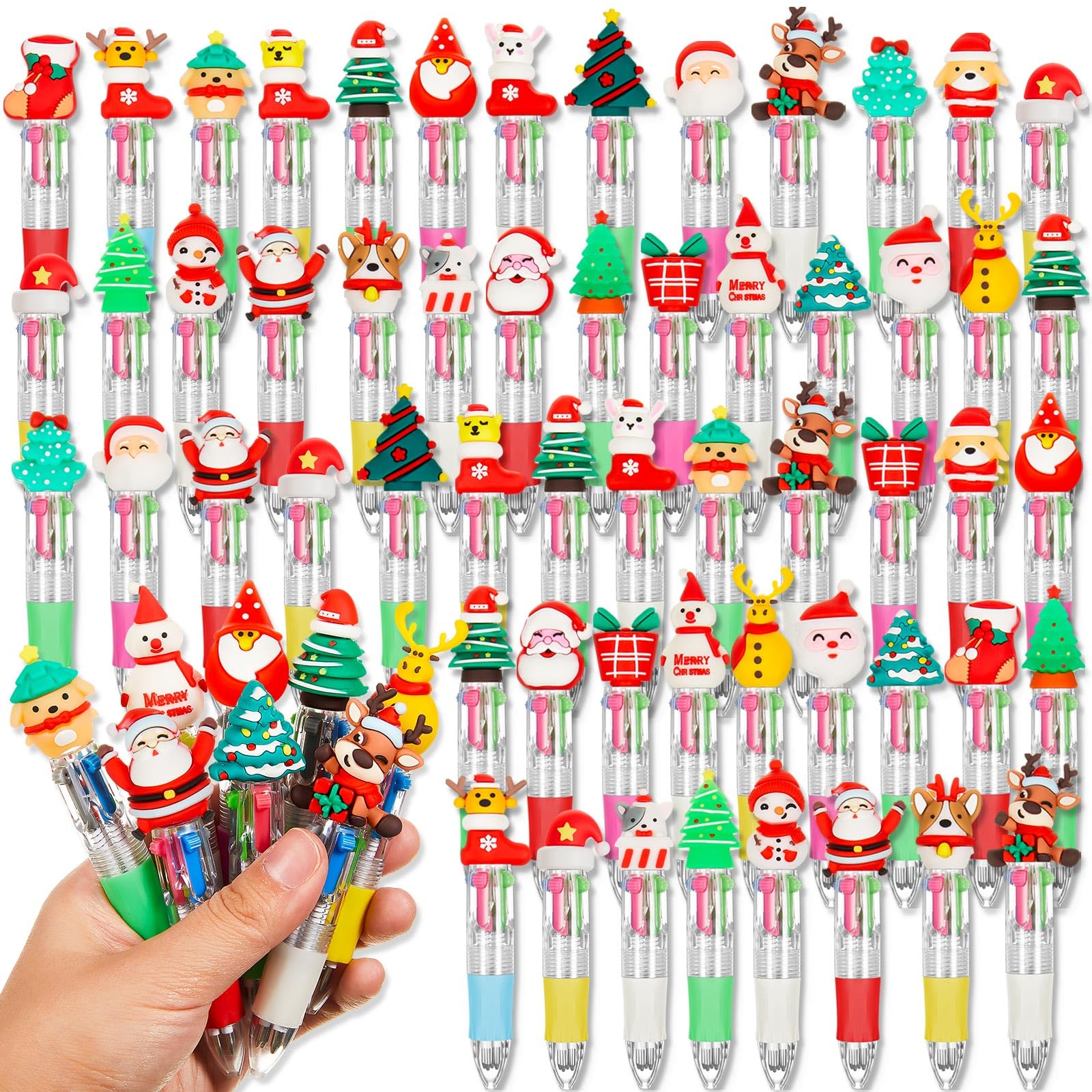 Kosiz 150 Pcs Christmas Fun Pen Bulk Mini Multicolor 4 in 1 Ballpoint Cute Retractable Pens for Winter