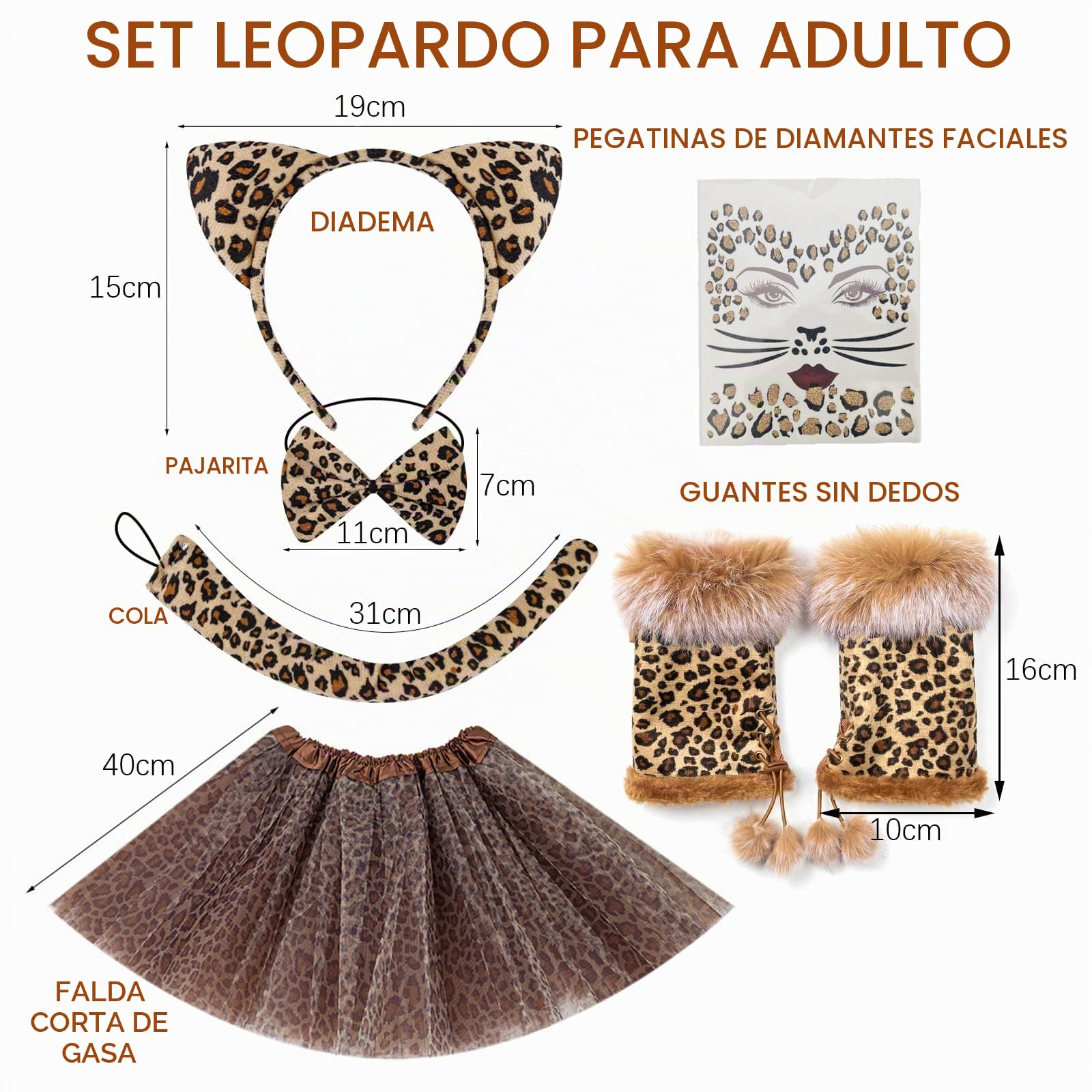 Disfraz de Leopardo para Mujer 7 Piezas, Conjunto de Disfraz de Leopardo, con Orejas de Leopardo Conjunto Orejas Cola Pajarita, para Halloween, cosplay y fiestas de carnaval