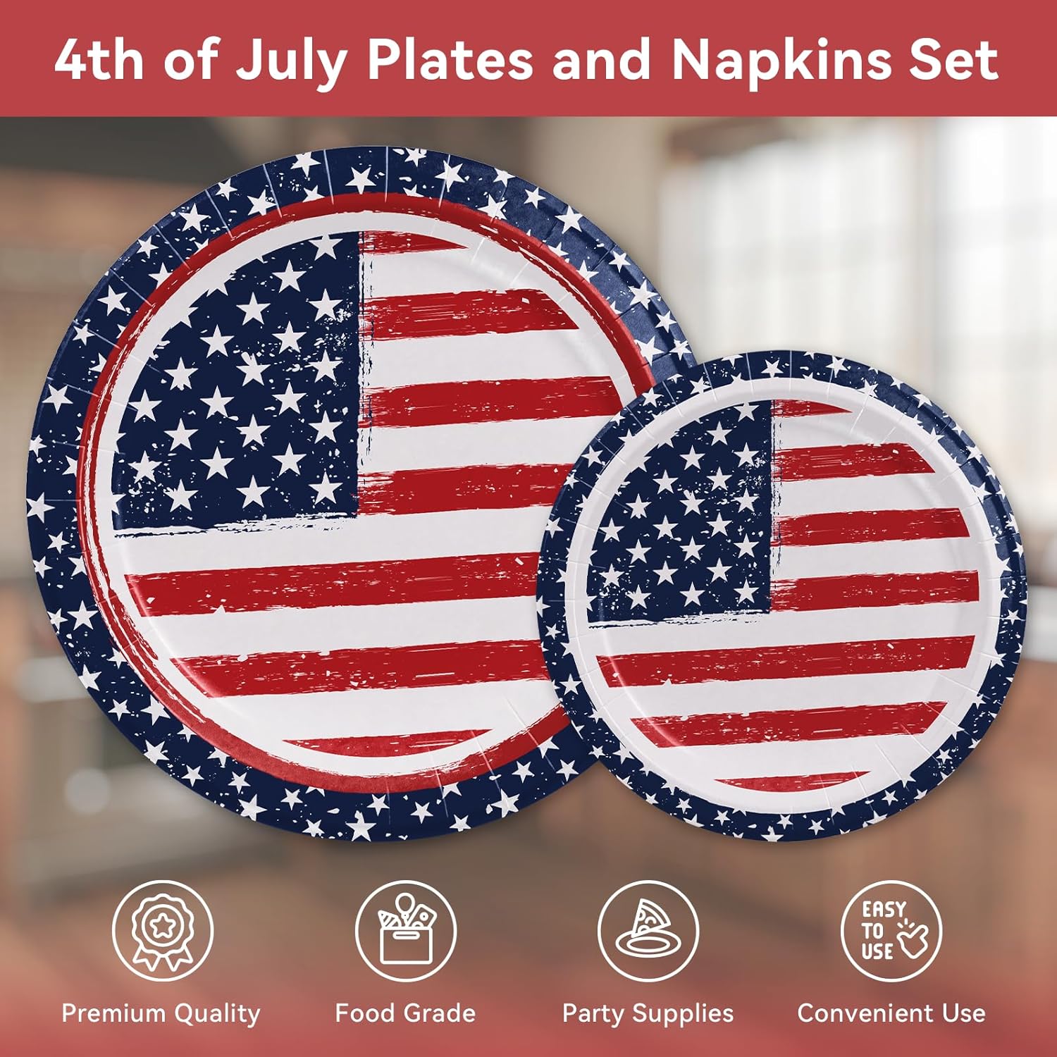 4th of July Paper Plates and Napkins Set 150 Count, 10'' and 7'' Disposable Plates, Memorial Day/Independece Day/Labor Day/Veterans Day/Patriotic Party Decorations Supplies, Serve 50