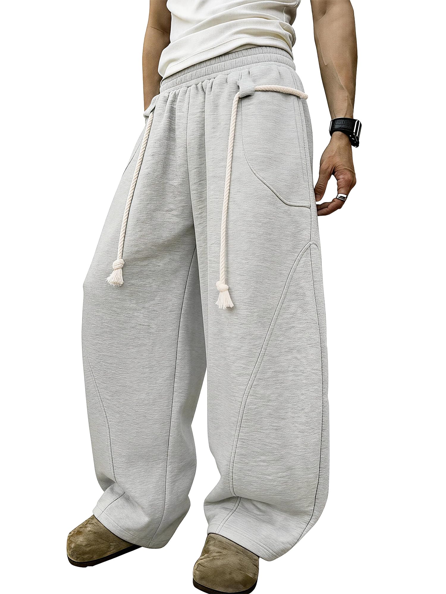 PLEPAN Mens Baggy Barrel Sweatpants Womens Elastic Waist Rope Wide Leg Pants Unisex Oversized Streetwear Trousers