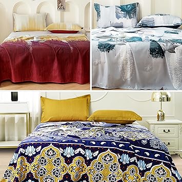 Story@Home 240 TC Bedsheet for Double Bed Queen Size | Satin Finish, Microfiber Double Bed Bedsheet Combo | 225 X 250 Cm with 2 Pillow Covers | Perfect for Home Decor (Yellow,Grey & Purple)