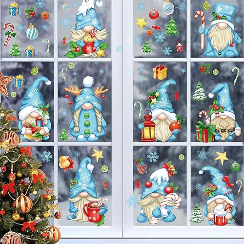 Miniatura 4 de Calcomanías de Navidad para ventana, color azul, de doble cara, gnomo de Navidad, copo de nieve para vidrio, sala de estar, calcomanías de ventana