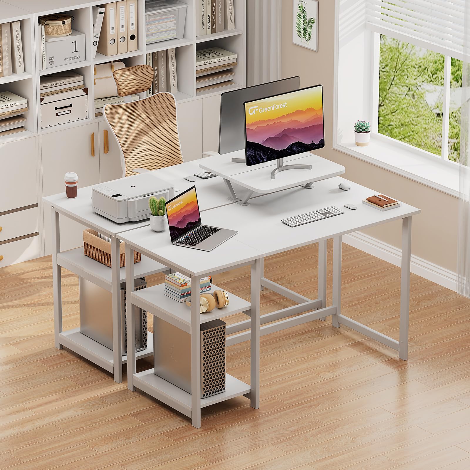 GreenForest Scrivania da Ufficio e Gaming con Supporto per Monitor, Tavolo per computer da Casa da 120 cm con Scaffle Reversibili, Scrivania da Studio per Piccoli Spazi, Bianca Puro