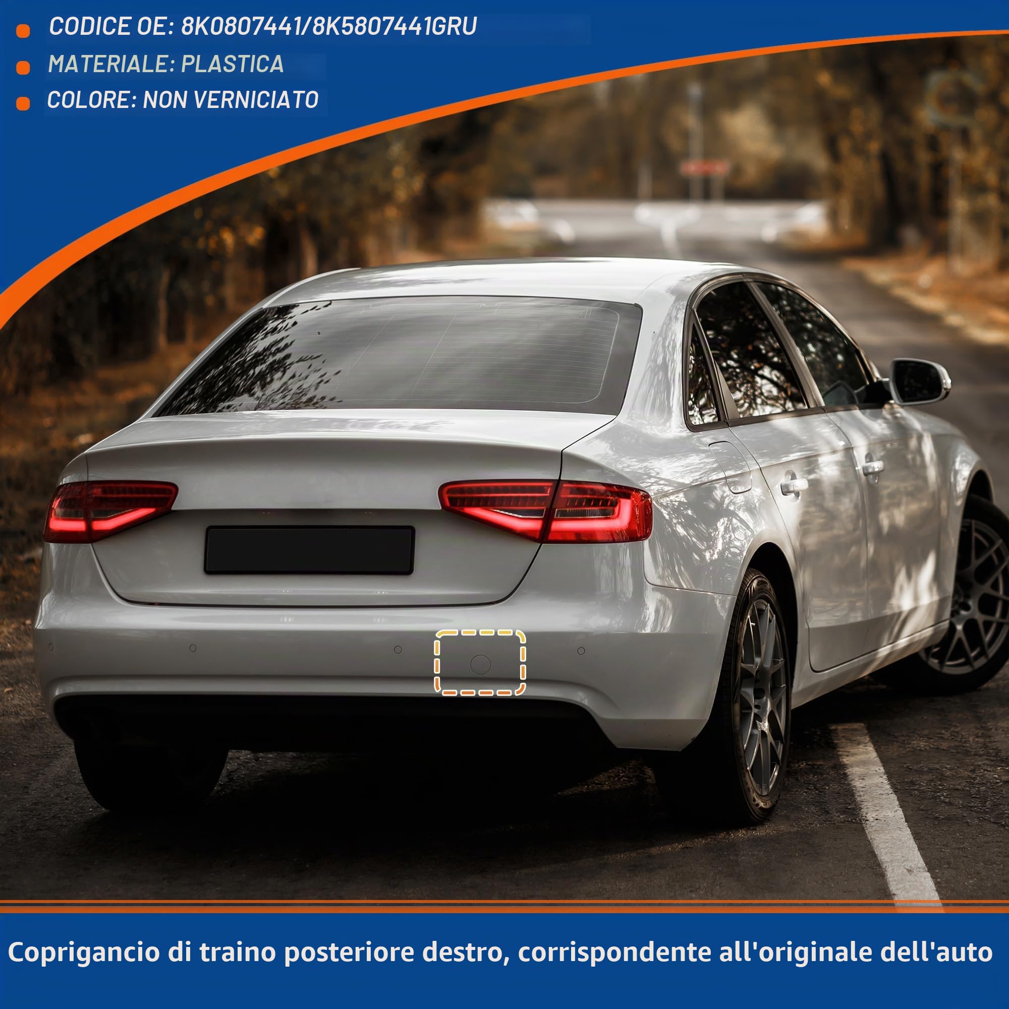 QUARKZMAN Tappo Copri Gancio Traino Per Audi A4 Avant B8 07-15 1 Pezzo | Materiale: Plastica, Colore: Non Verniciato, Numero OE: 8K0807441/8K5807441GRU, Adatto Per Audi A4 Avant B8 2007-2015