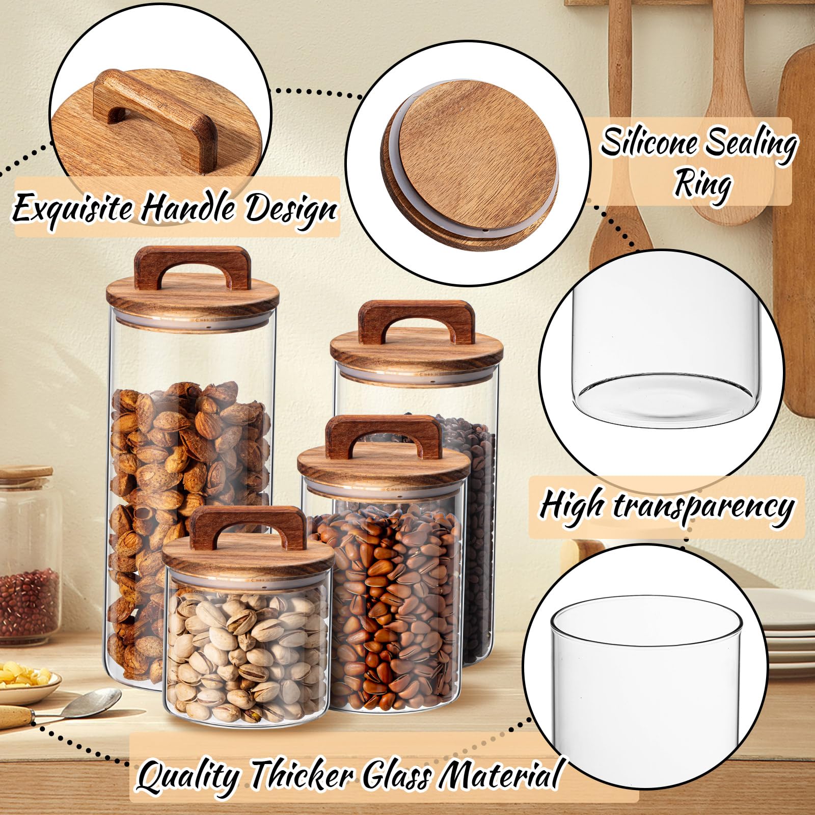 Layhit 4 barattoli da cucina in vetro retrò, sigillati, contenitori per alimenti con manici facili da impugnare, set di contenitori per caffè, tè, zucchero, con adesivi per biscotti, farina di riso, 4