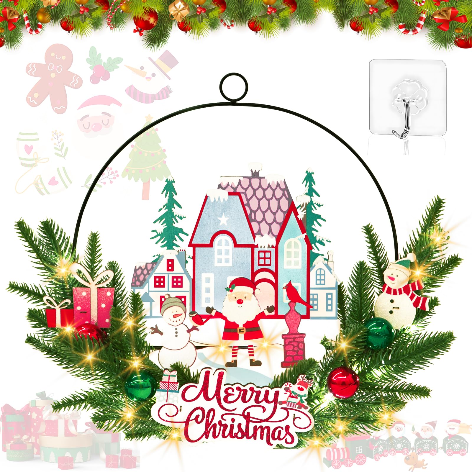 Corona Navidad,Corona Navidad Puerta,Corona de Navidad para Puerta,Adornos Navidad Puerta,Coronas de Navidad,Coronas Navideñas para Puertas,Papá Noel y Muñeco de Nieve,Madera,con Gancho,35cm