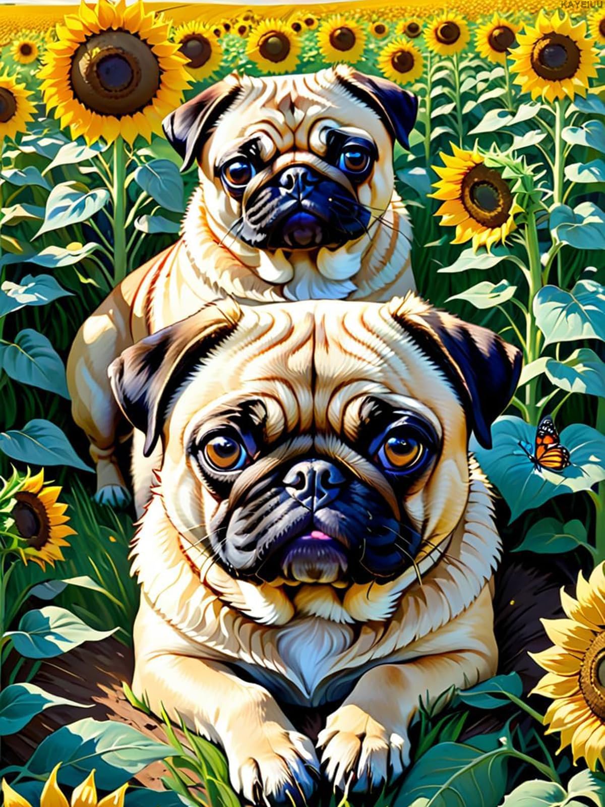 KAYEIUU Diamond Painting Kits for Adults DIY 5D Cute Dog Pug Round Diamond Impressionist Animal Style Full Diamond Diamond, Home Wall Decor Gift