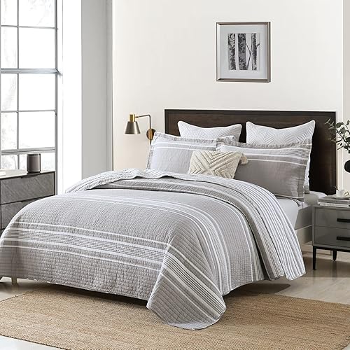 PERHOM Quilts - Juego de edredón tamaño Queen a rayas grises y blancas juego de edredón 100 algodón a rayas tamaño Queen ligero juego de ropa de