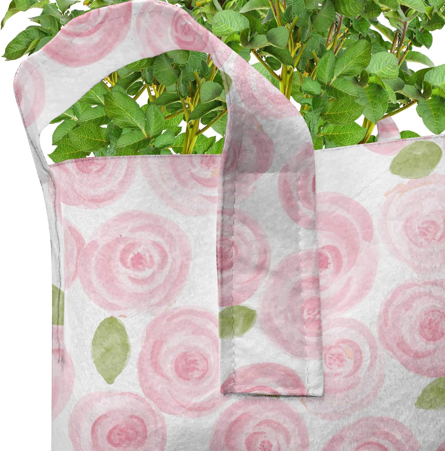 Ambesonne Flower Grow Bags 5-Pack, Bridal Roses Field Art, Heavyduty Fabric Pots with Handles for Plants, 5 Gallon, Pale Pink Pale Green