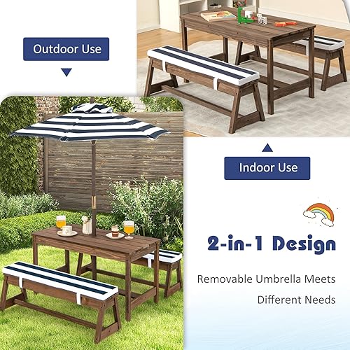 Miniatura 2 de KOTEK Mesa de picnic para niños con paraguas plegable, juego de mesa y banco de madera para patio trasero con cojines extraíbles, mesa de juego de