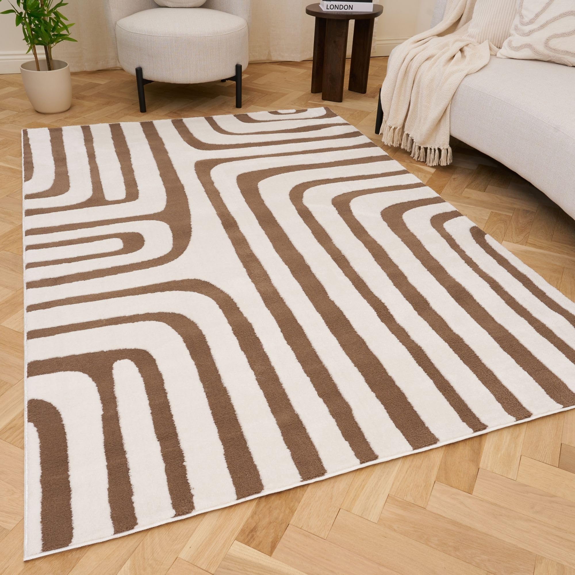THE RUGS Living Room Rug, Loft Collection – Modern Textured 14mm Soft Pile Area Carpet, Non-Shedding & Easy Care [ Geometric Brown, 240x340 cm]
