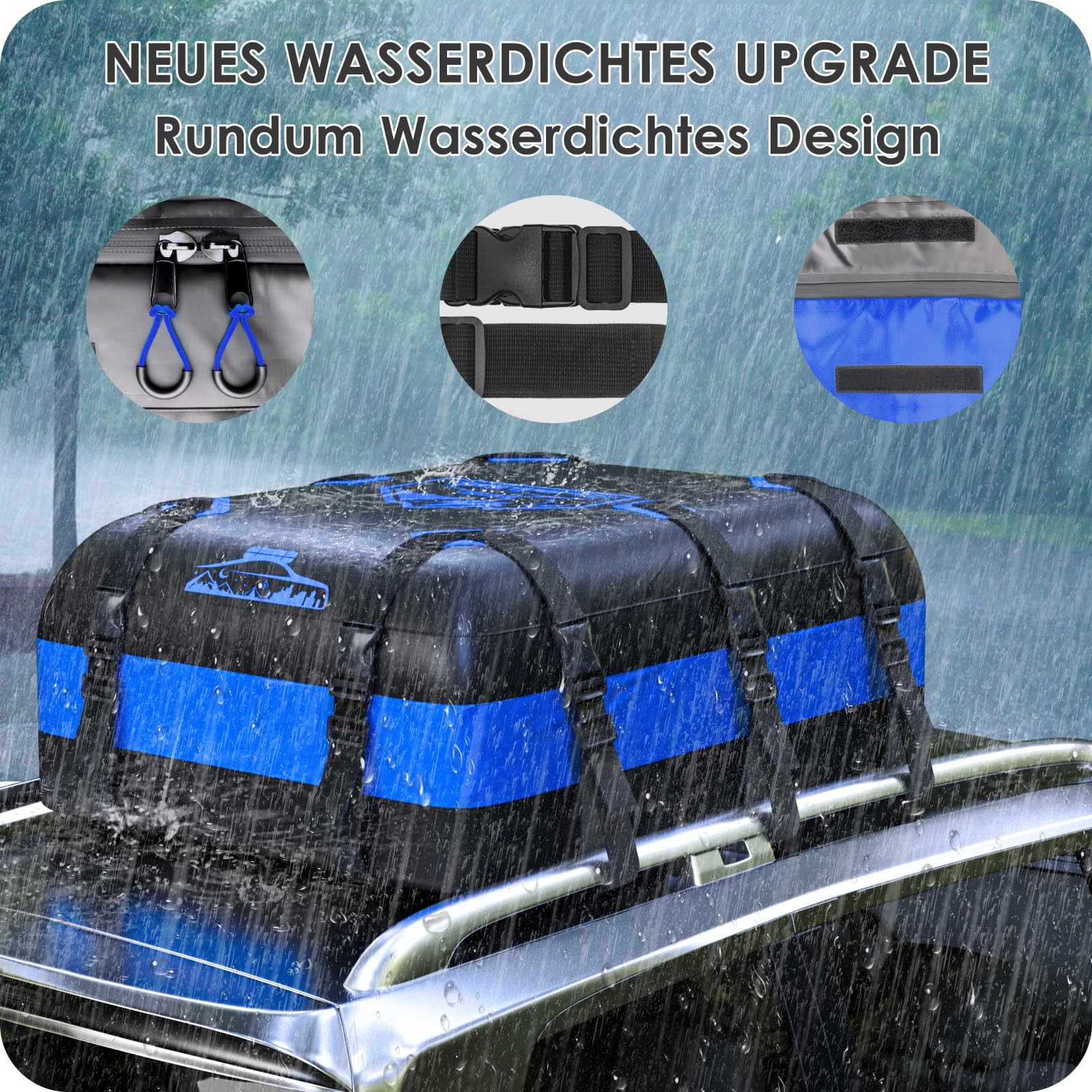 Dachbox Faltbar 20 Cubic/566 L, 700D Wasserdicht Dachbox Auto, Dachbox mit Anti-Rutsch-Matte und 10 Schwerlastgurten, Faltbare Weich Dachtasche Auto für Autos mit/ohne Gepäckträger(Blau)