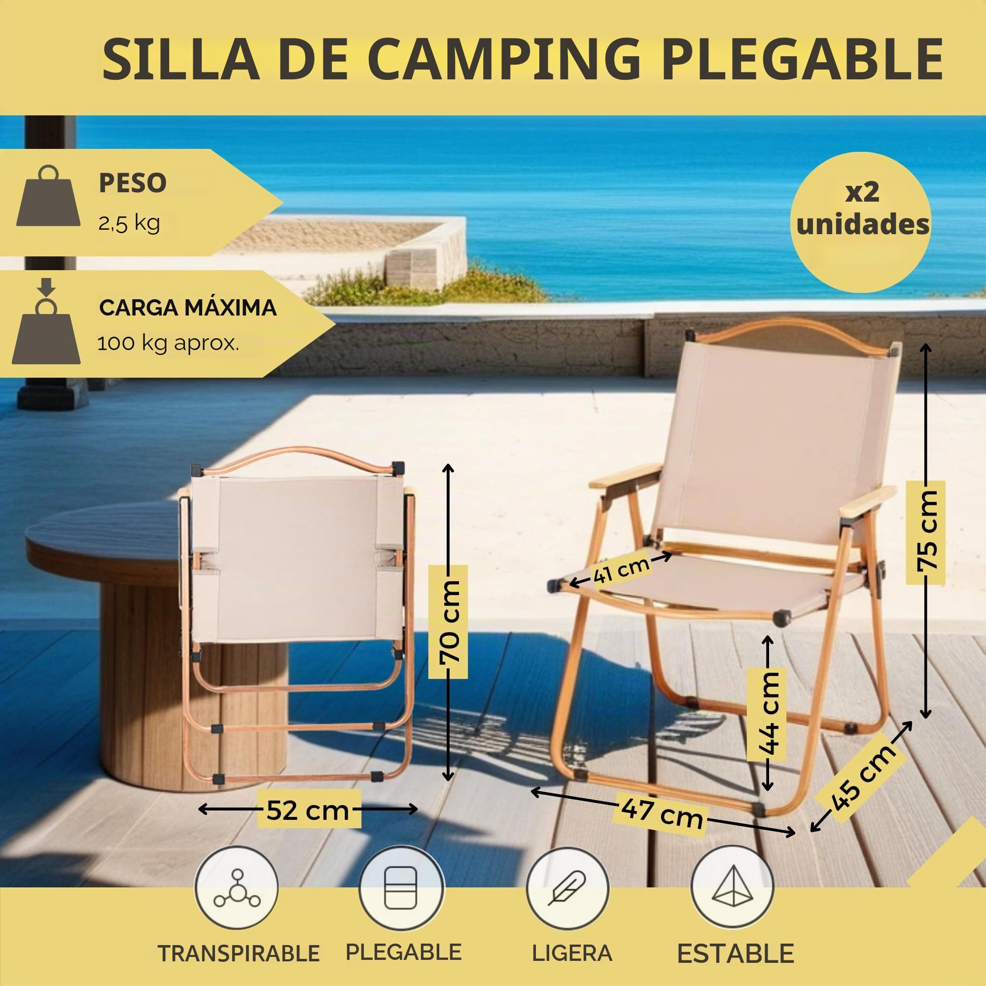 MAGIC SELECT 2 Ud Silla Camping Plegable Aluminio | Silla Picnic Metálica, Para Playa, Glamping, Jardín, Barbacoa, Para Viajes, Excursión, Río, Cualquier Terreno, 75x45x47cm