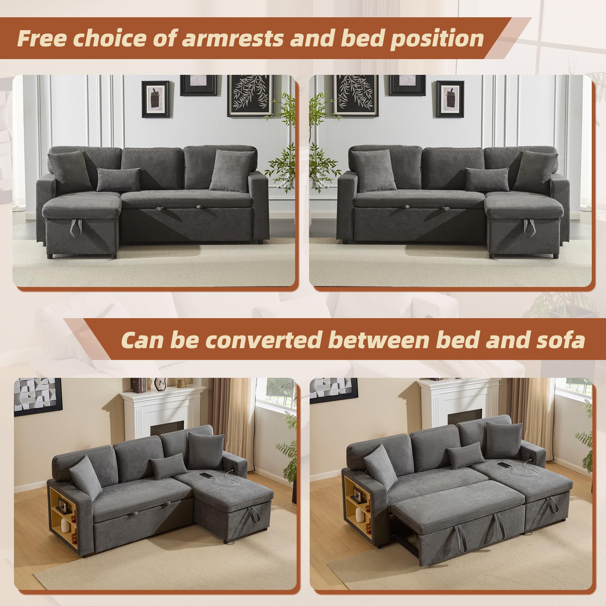 Canape Dangle Convertible, Canapé Modulable avec Rangement, Canapé Lit 3 Places Convertible – Canapé d'angle Convertible avec Canapé-Lit Gigogne, Port USB, Coussins,Gris