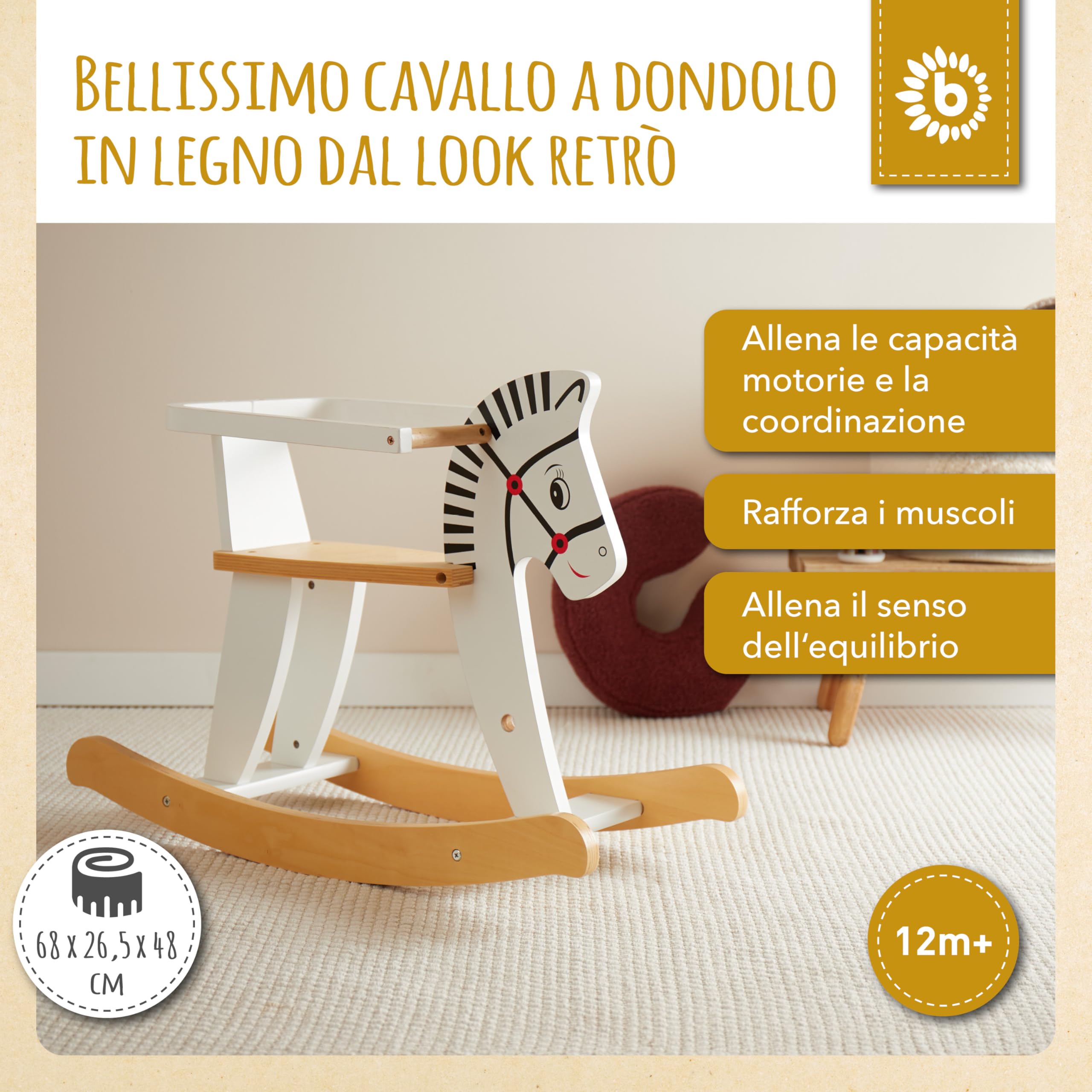 Bieco 74000210 – Cavallo a Dondolo in Legno, 68 x 26.5 x 48 cm, Bianco