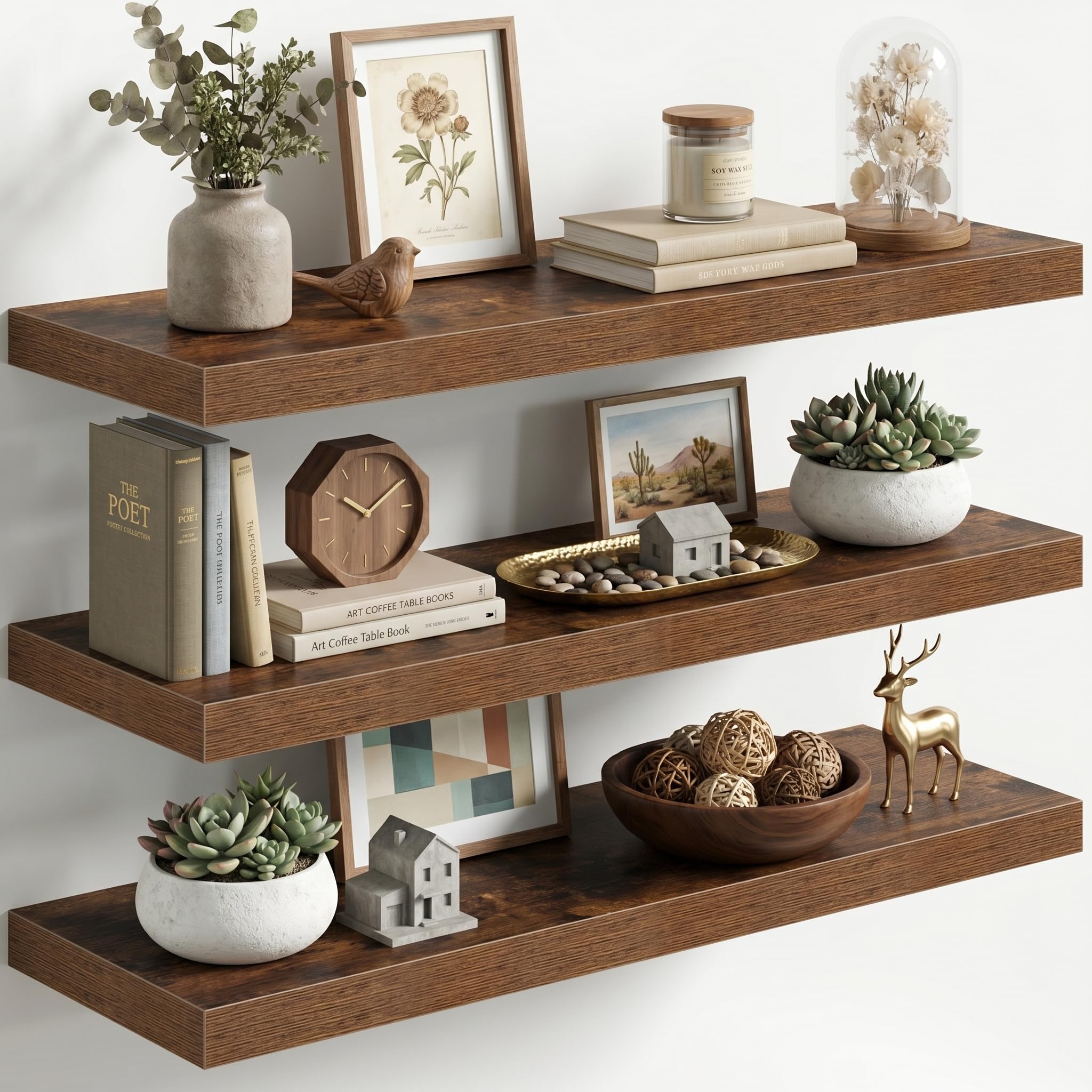 Fun Memories Floating Shelves for Wall, 3 Pack 36 Inch Long Floating Shelves, 36 x 12 Wooden Shelves for Wall, Large Storage Shelves, Hanging Shelves for Bathroom Bedroom Kitchen, Brown