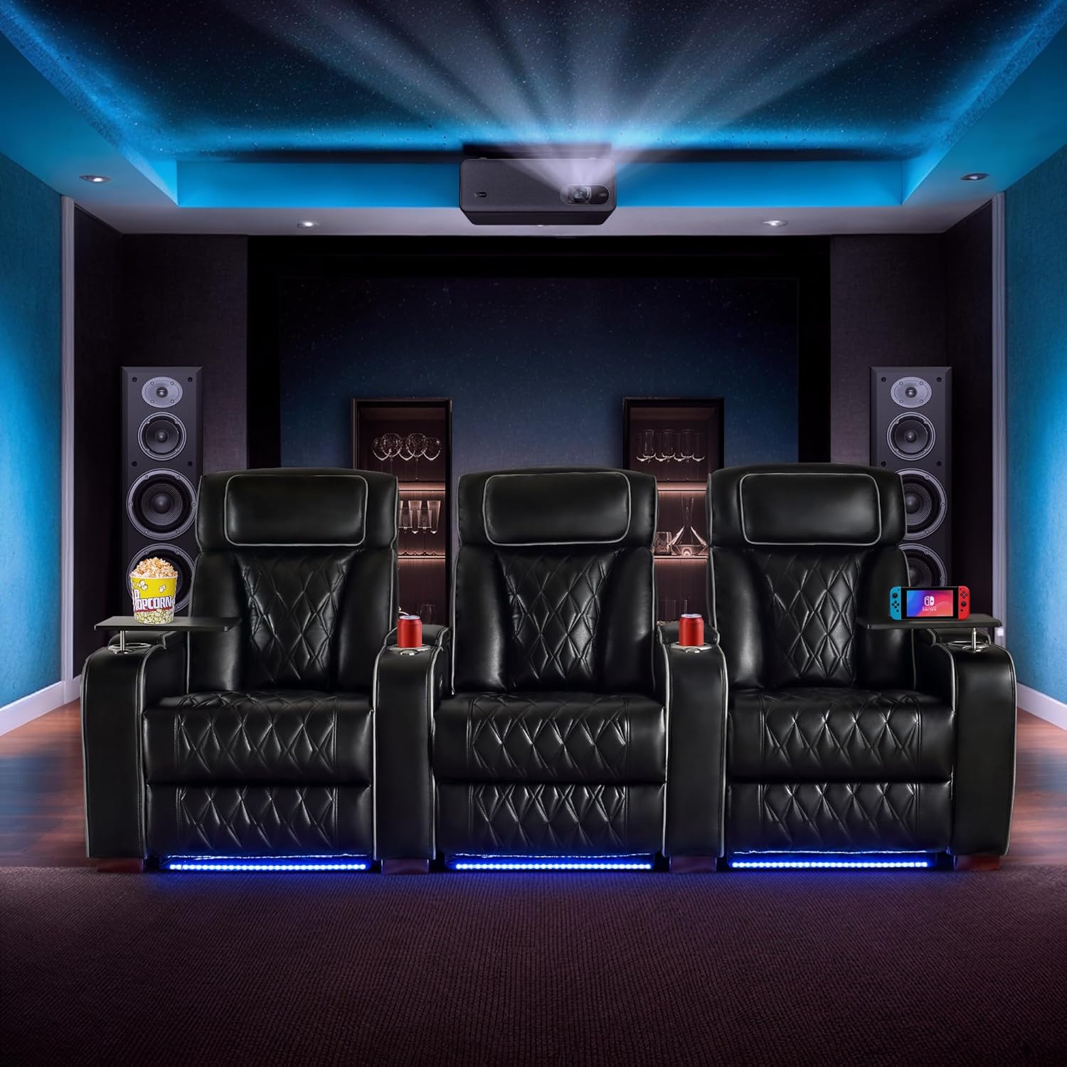 Power Reclining Sofa Home Theater Seating with Adjustable Headrest, Breathable Leather Electric Recliner with LED Lighting, Cup Holders, USB Charging & Tray Table