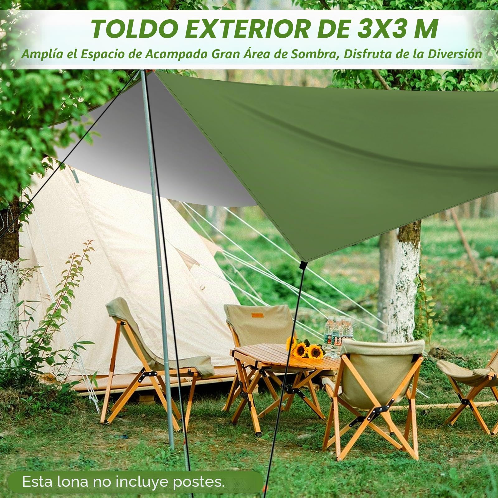 Toldo de Refugio Impermeable 3X3M,Ultraligero y Portátil Toldo Camping, Tienda de Campaña Hamaca Protección UV Anti Desgarro, Ideal para Acampar Senderismo Picnic al Aire Libre, Verde