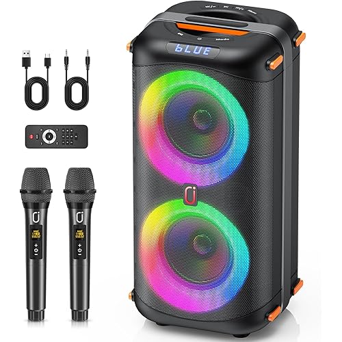 Karaoke Machine with 2 Wireless Microphones, Portable Bluetooth 5.3 Karaoke Speaker for Home Party Outdoors, PA System for Adults with Echo Adjustment/LED Lights, Support TV/USB/AUX/TF