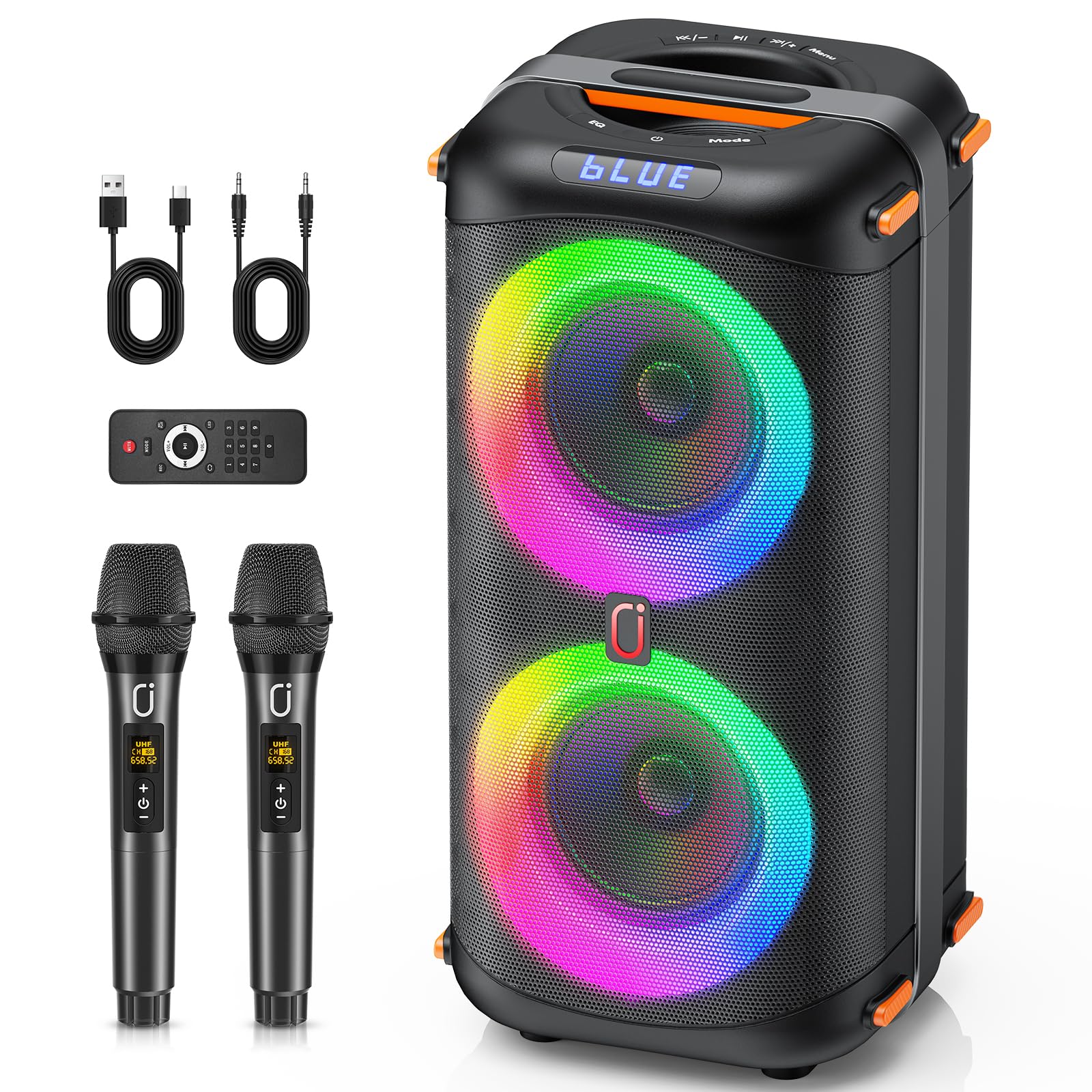 HWWR Karaoke Machine For Adults, Big Party Speaker With 500W Peak Power, Wireless PA System With Dual 8" Subwoofers, Disco Lights & 2 Microphones For Home Party Outdoor, Support USB/AUX/REC/TWS