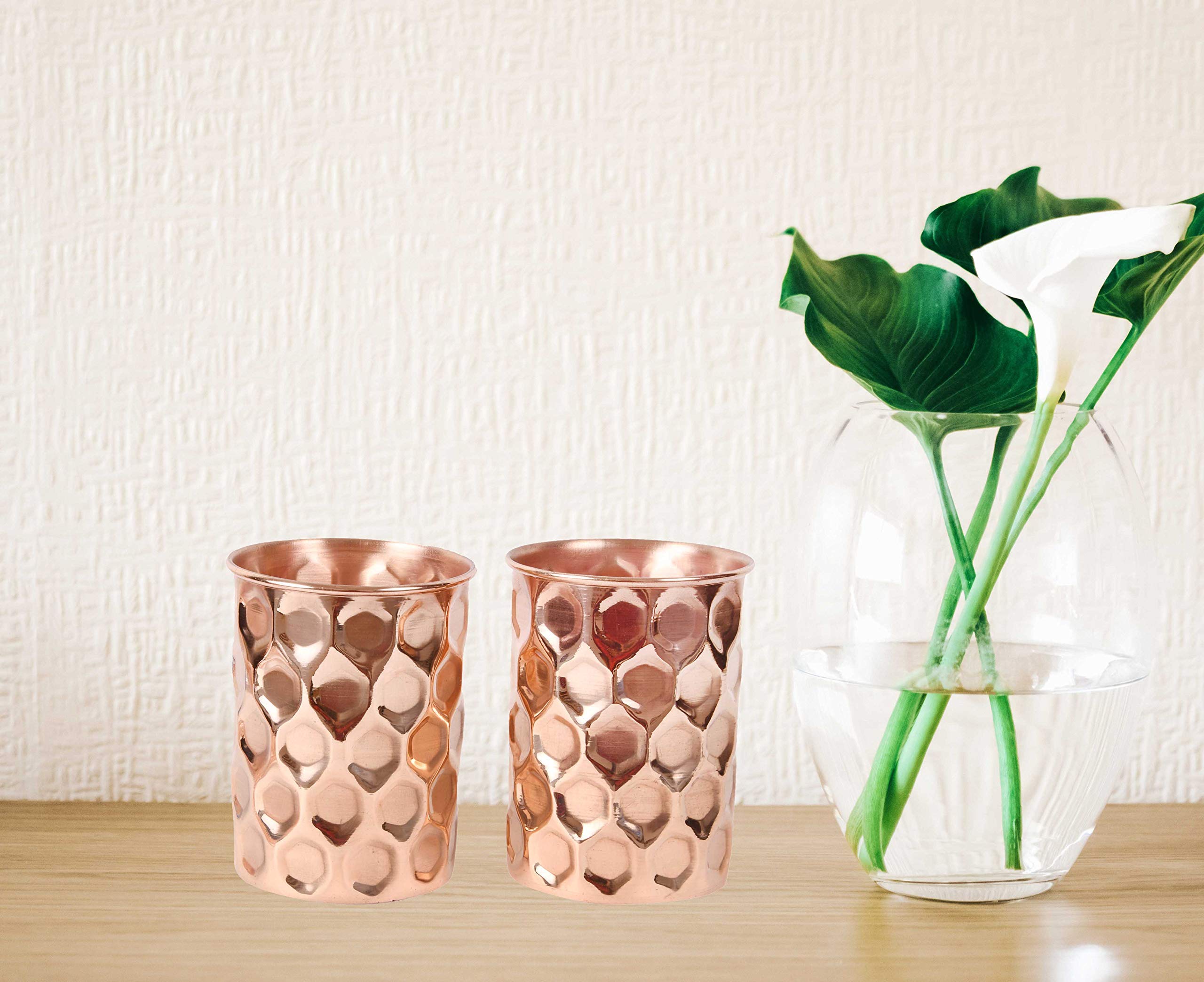 JAIPUR ACE Diamond Hammered Copper Glass Water Tumbler, Good for Health 300 ml Set of 2