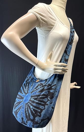 Tie Dye Crossbody Bag – Hippie Hobo Shoulder Purse – Handmade Colorful Artsy Sling Handbag – Medium 33", Blue Heart, Medium, 33" Total Length