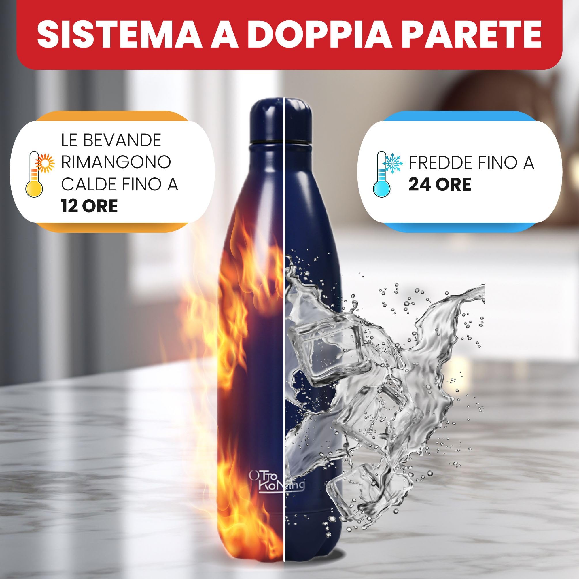 Borraccia Termica 1 Litro Otto Koning, Bottiglia Termica 1L in Acciaio Inox 18/8, Doppia Parete Sottovuoto, Freddo 24h Caldo 12h, Senza BPA e Ftalati, a Prova di Perdite, Senza Sapore Metallico
