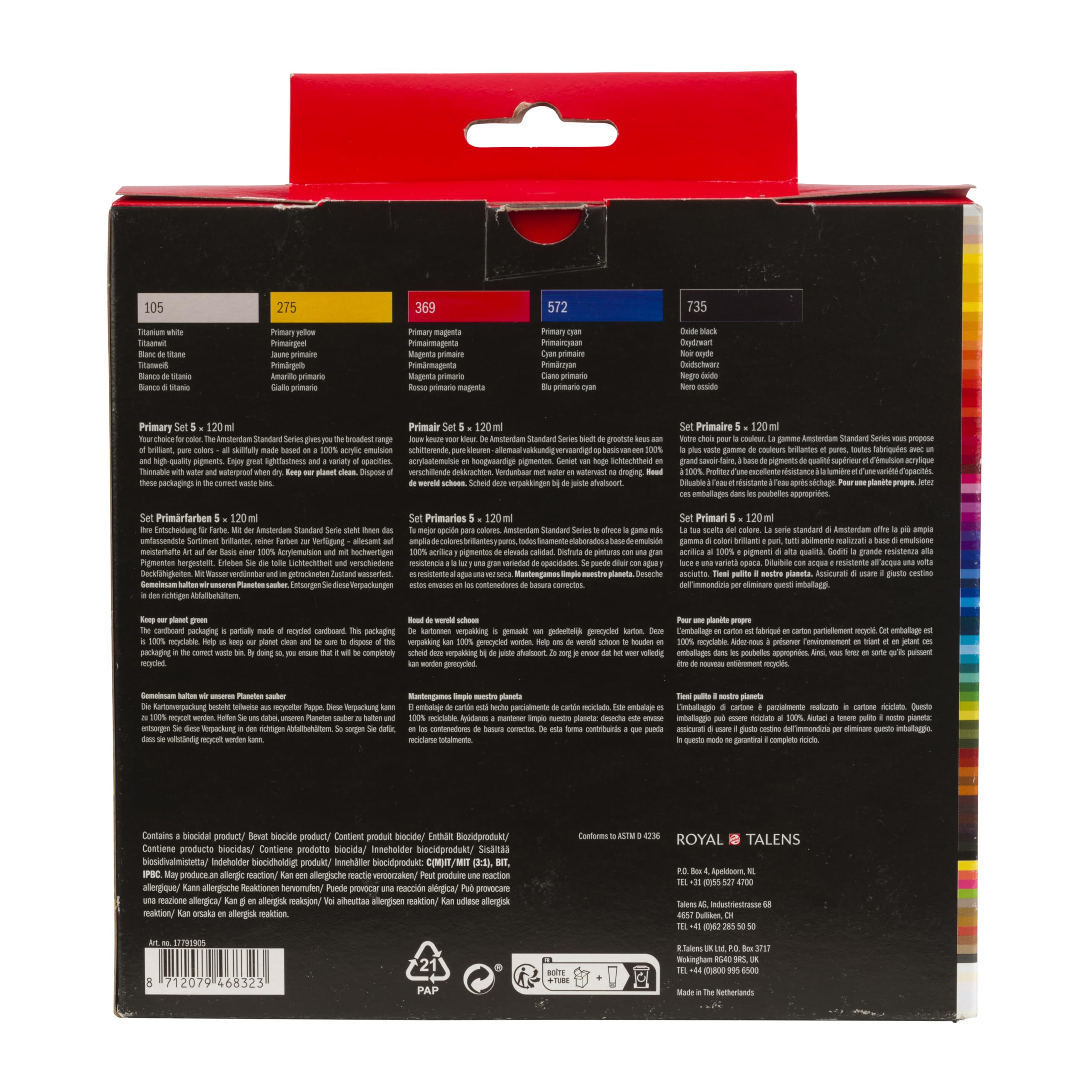 Amsterdam Standard Series Acrylic Paint Set | Color Theory Mixing Set (5 x 120 ml Tubes) | Primary Colors + Black & White