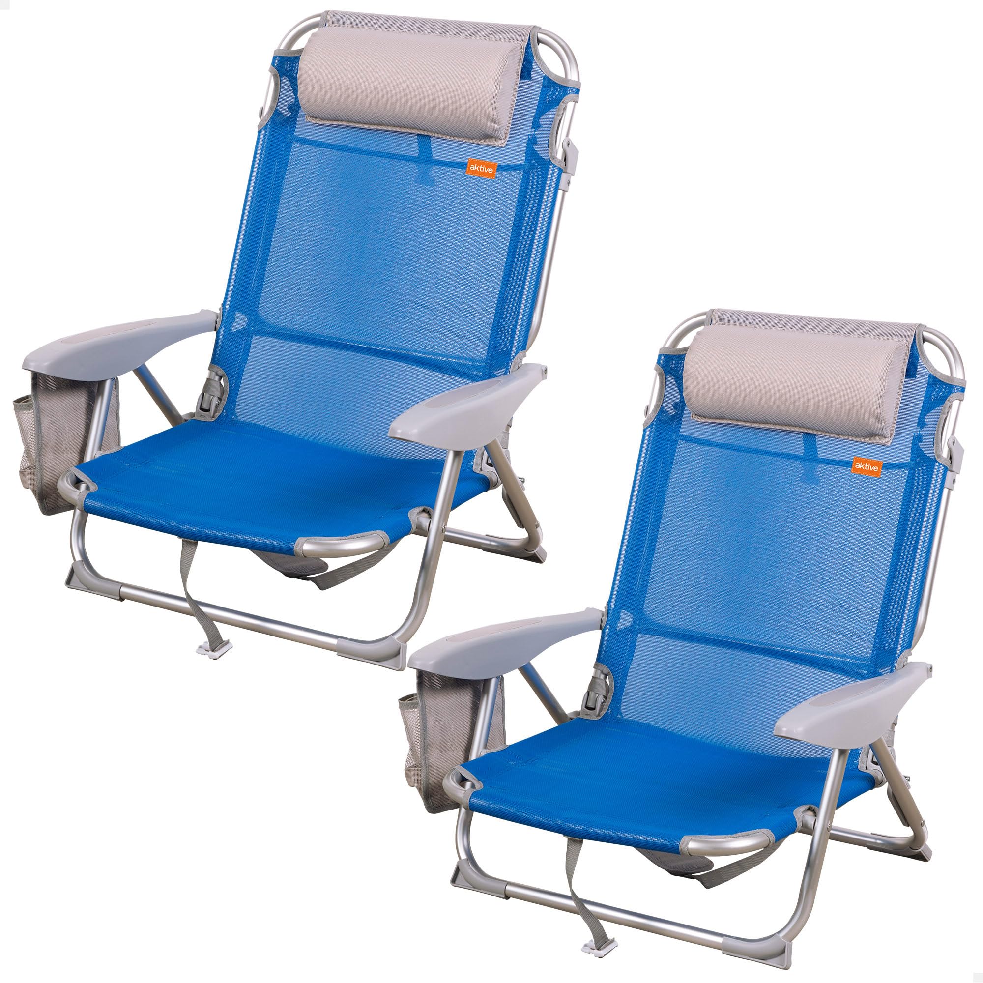 AKTIVE Pack of 2 Folding Beach Chairs, 4 Positions, Blue, 51 x 45 x 76 cm, Includes Padded Cushion, Side Pocket, Handles, Maximum 110 kg, Anti-roll Stops, Multi-position, Reclining Backrest (85480)