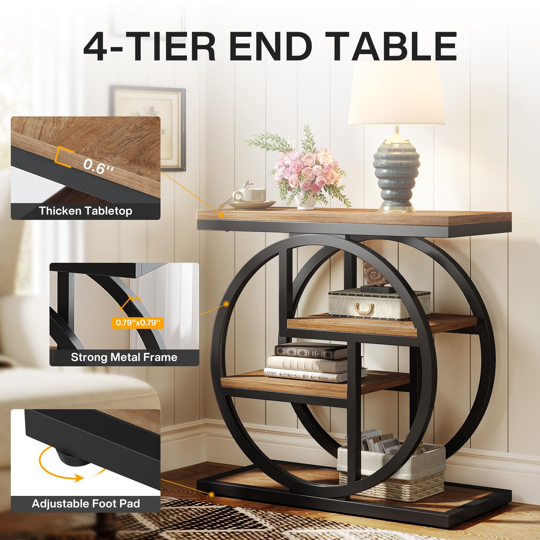 Tribesigns Mesa auxiliar para sala de estar, mesa auxiliar estrecha de 4 niveles con estantes de almacenamiento, mesita de noche industrial para dormitorio, mesa auxiliar de sofá pequeña de madera con