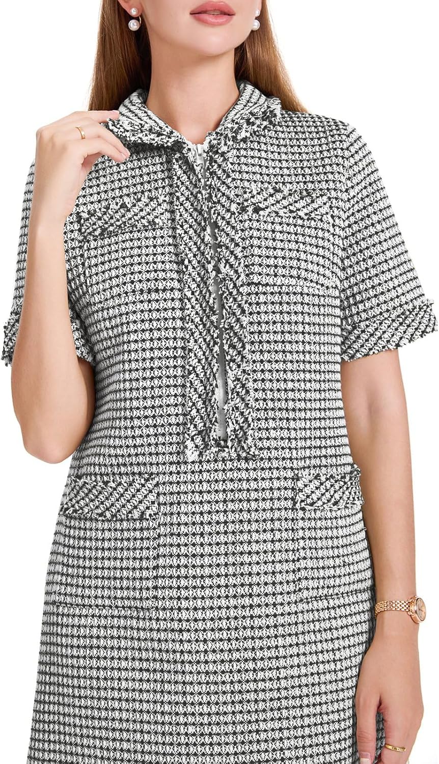 WOWULOVELY Womens Tweed Mini Dress Short Sleeve Straight Tube Front Half Zipper A-line Nubby Dress with Pockets(Black-L) - Image 2