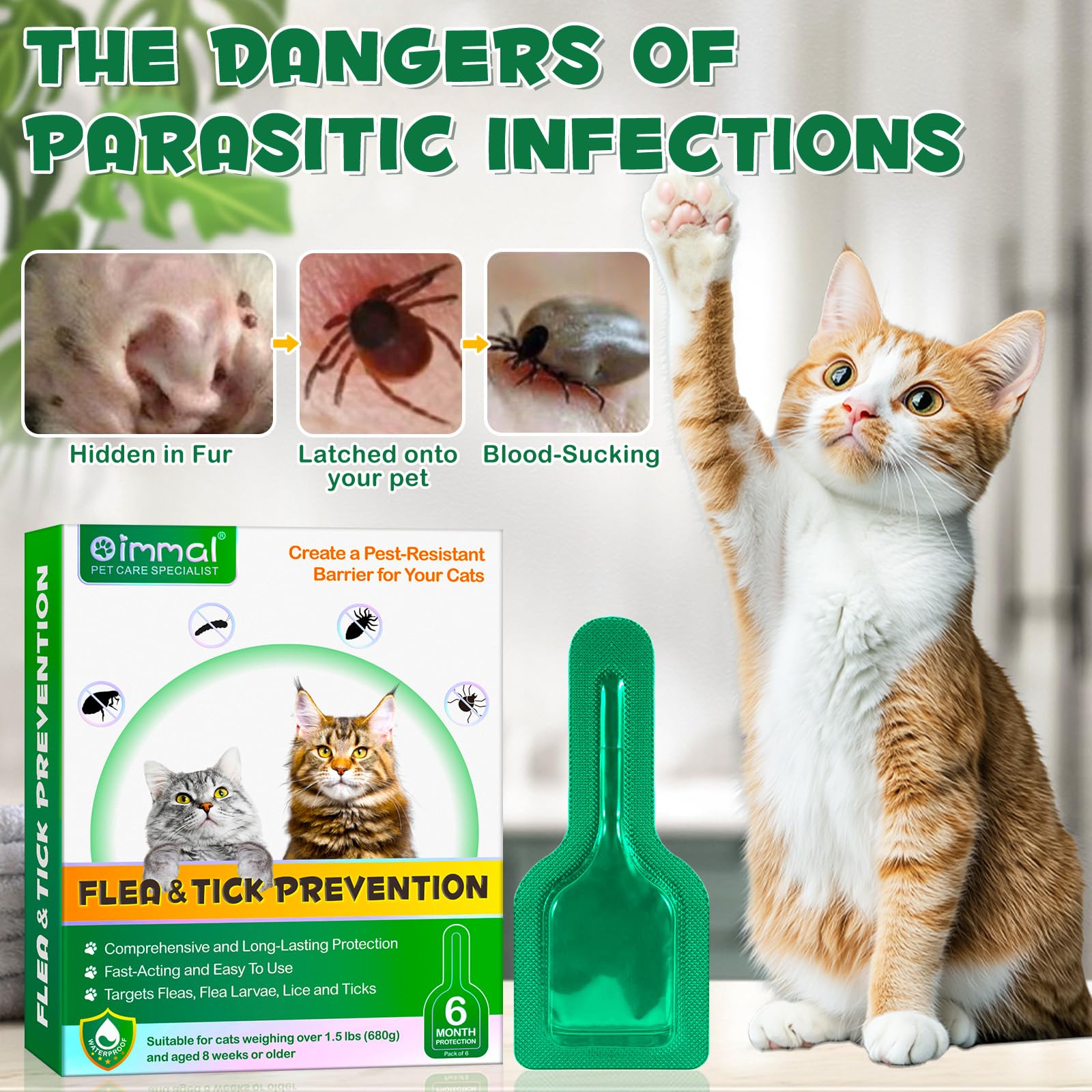 Fllea Y Garrapatas Protección para Gatos Y Gatos, Gotas Naturales para Desparasitar Gatos,2 x 6 Pipetas Fllea- Y Protección contra garrapatas, Fórmula de Extracto de Garras Segura Fórmula Fórmula de