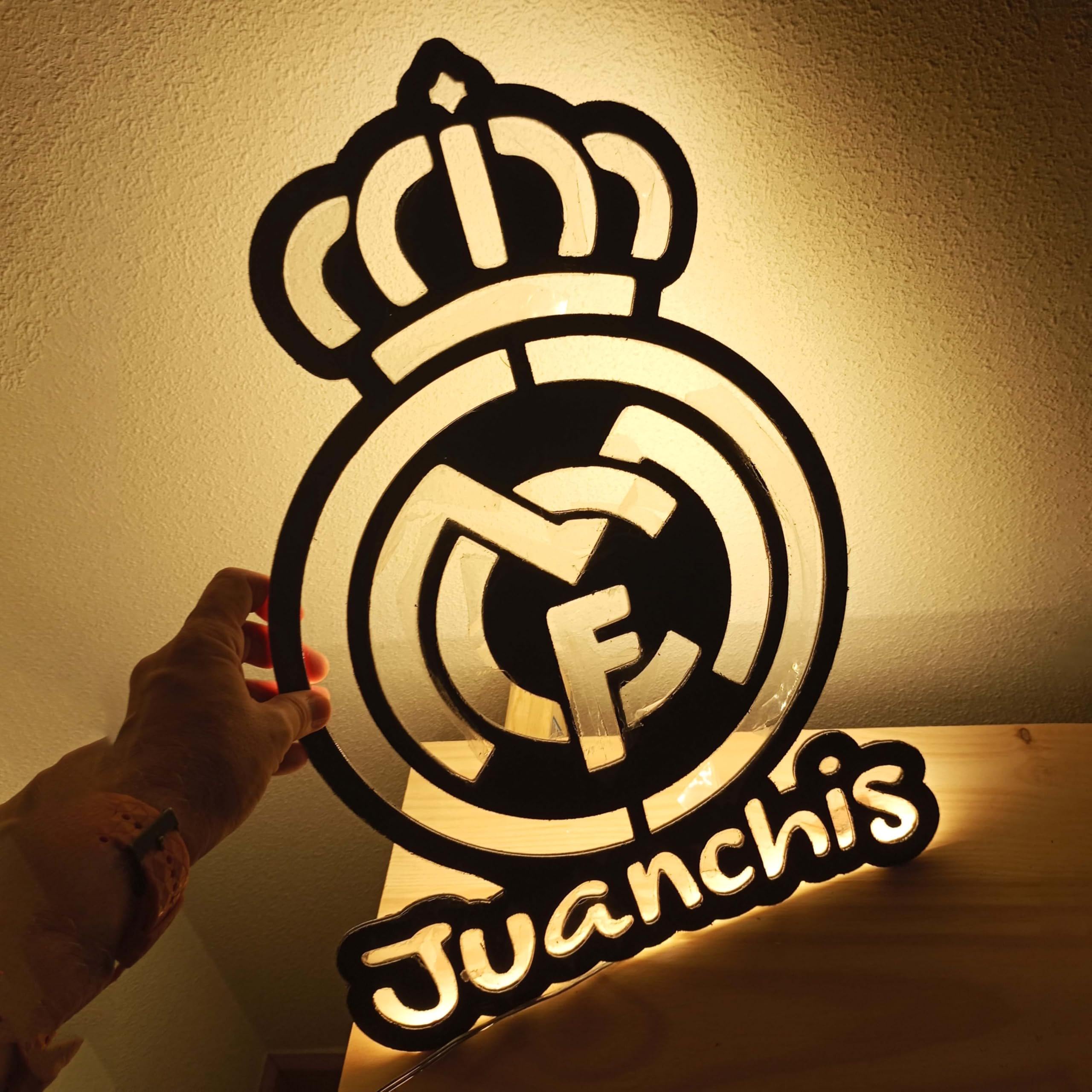 Cartel luminoso Madrid regalos con escudo de fútbol real personalizado - Iluminado en luz de led neón listo para colgar en la pared