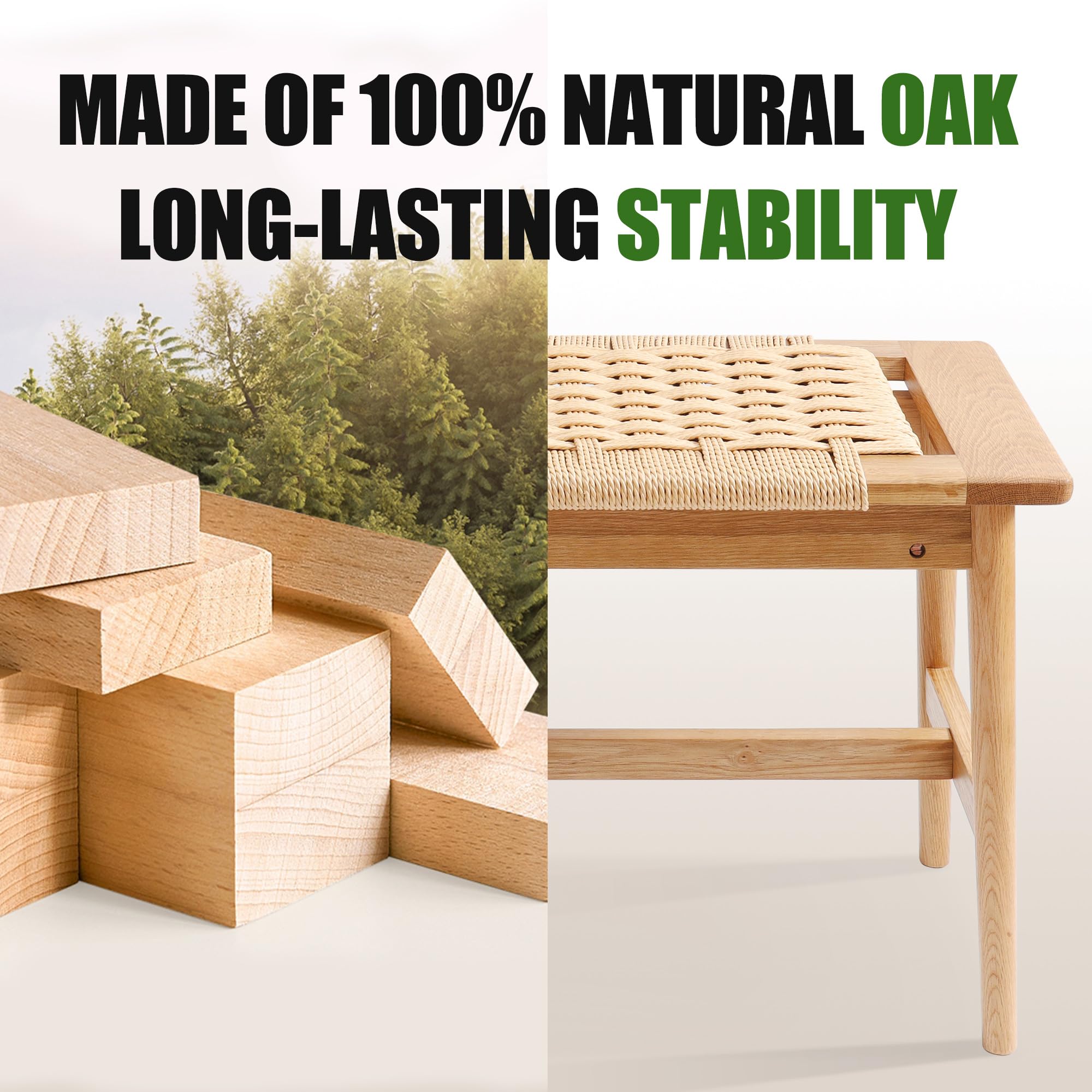 OGMILL 33.5" L Wood Dining Bench Indoor, 100% Natural Solid Oak Bed Bench Hand Woven Enterway Bench Small Bench for Dining Room, Bedroom, Kitchen (Natural)