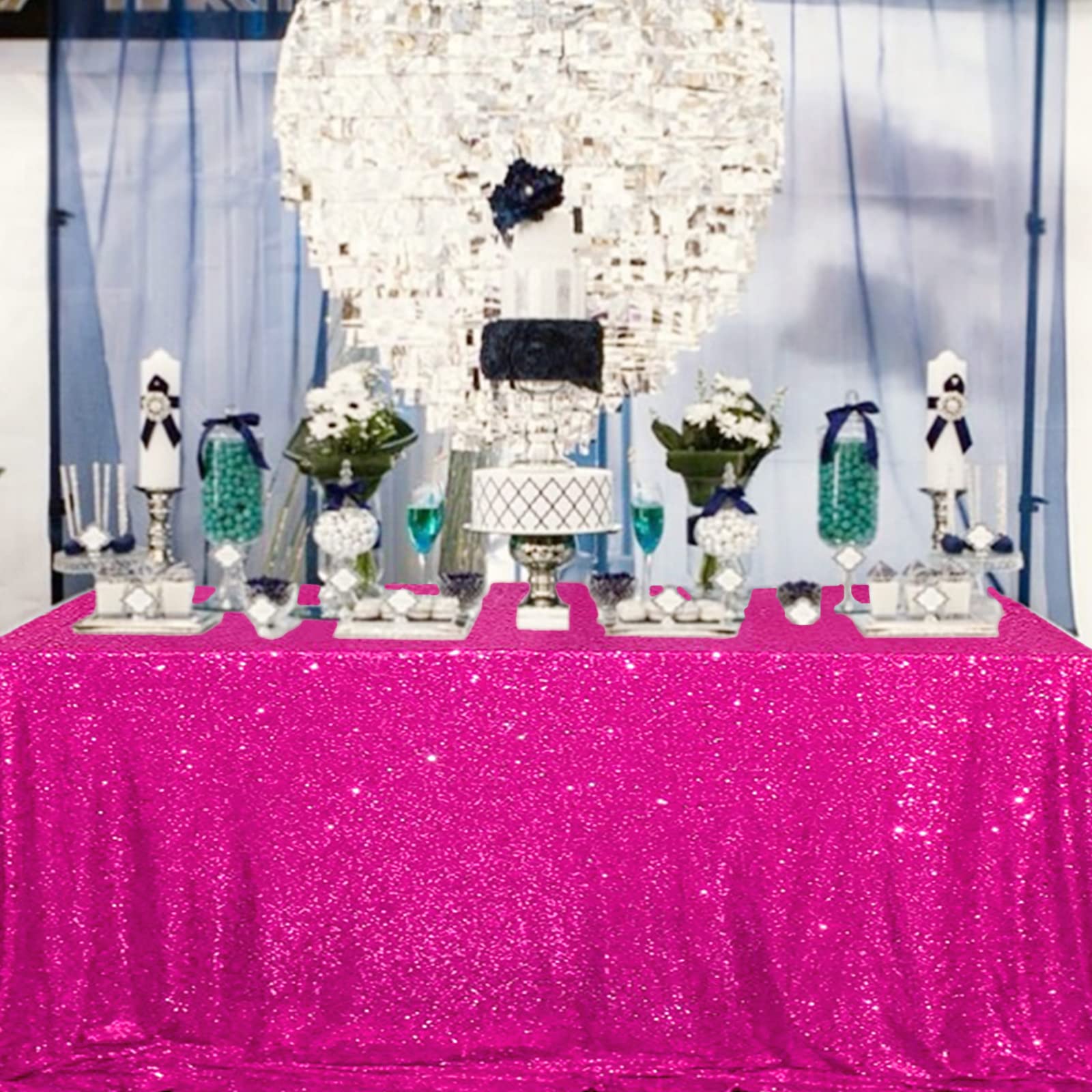 ShinyBeauty 60x102 Inch Hot Pink Sequin Tablecloth - Rectangular Glitter Table Cover For Parties