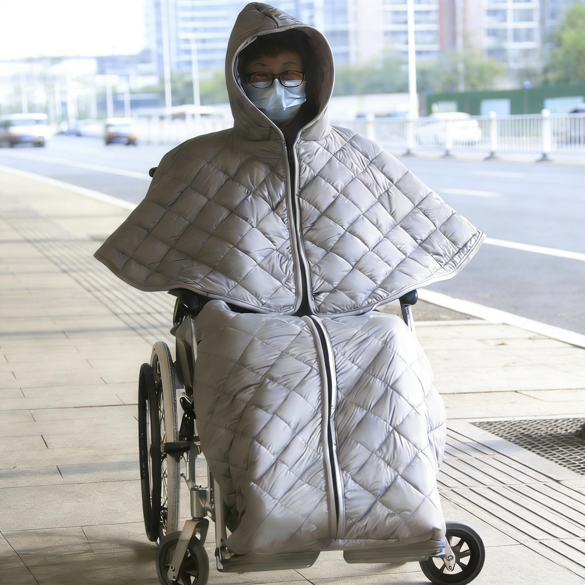 Zimowy pokrowiec na całe ciało na wózek inwalidzki, ciepły koc z szalem, wiatroszczelny, z podszewką polarową, przytulny pokrowiec na nogi z zamkiem błyskawicznym, dla starszych pacjentów i