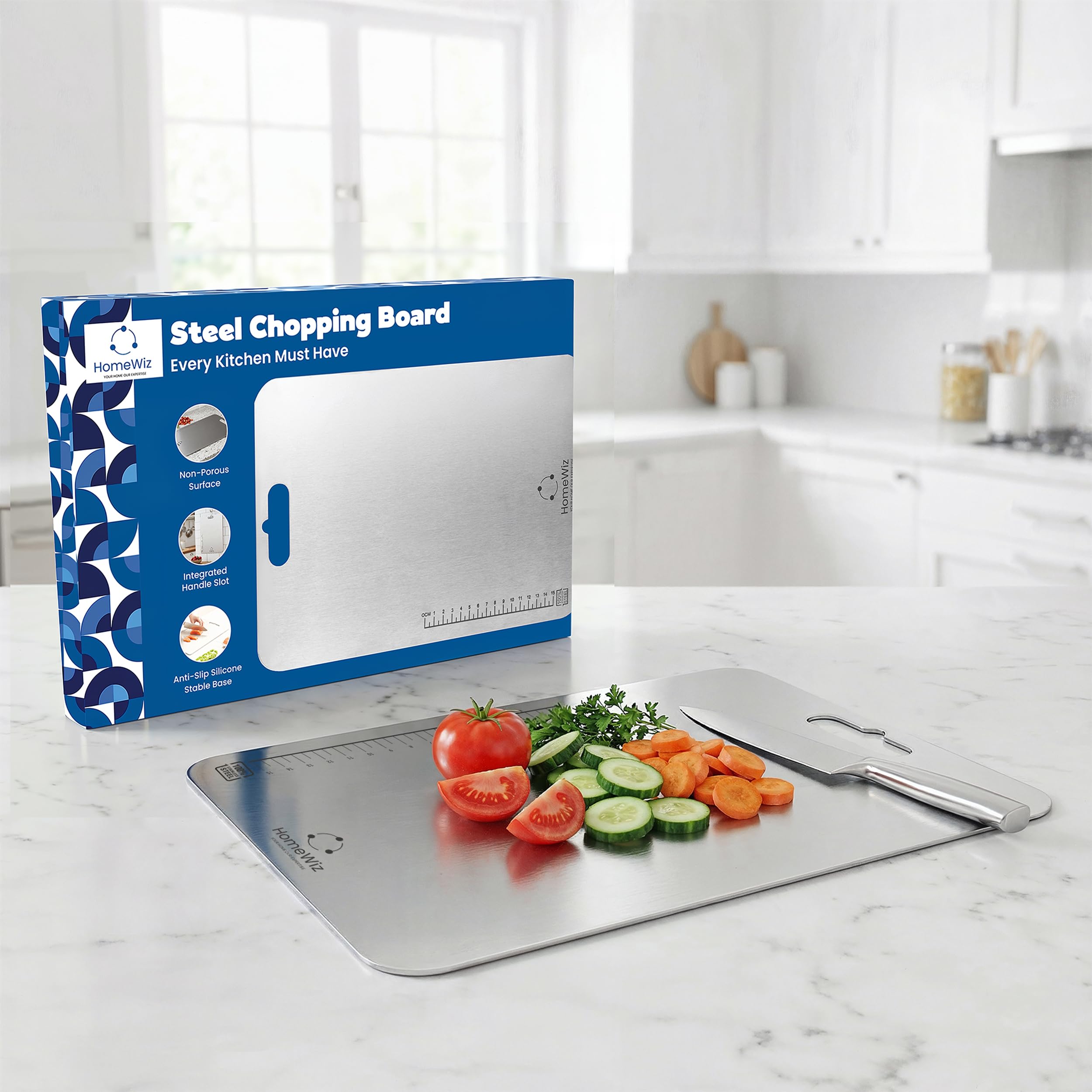 HomeWiz Stainless Steel Chopping Board | 36 x 25 cm Large | 304 Grade Food-Safe Steel | Heavy Duty Steel Board | for Fruits, Vegetables, Meat & Dough Kneading | Built for Everyday Use | Made in India-picture-22