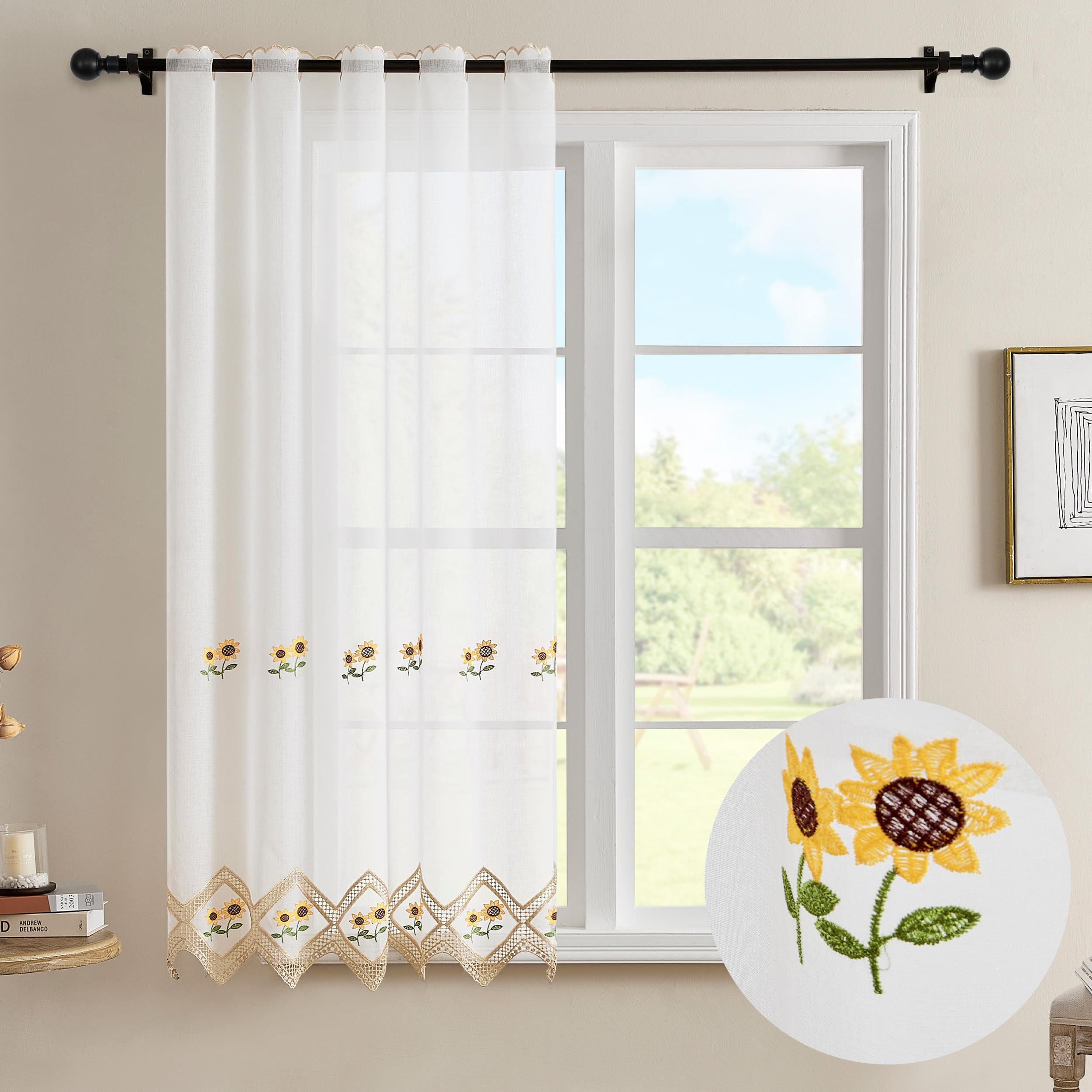 DALINA Textil - Cortina Cocina 150 x 140 cm, Visillo Cocina con Bordados Transparente un Panel 150 x 140 cm (Ancho por Largo), Girasol