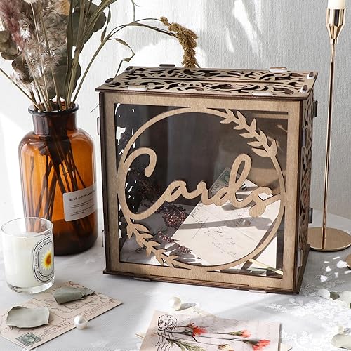 Miniatura 6 de Caja de madera para tarjetas de boda para recepción, soporte rústico para tarjetas de regalo con ranura y ventana acrílica, caja de tarjeta de