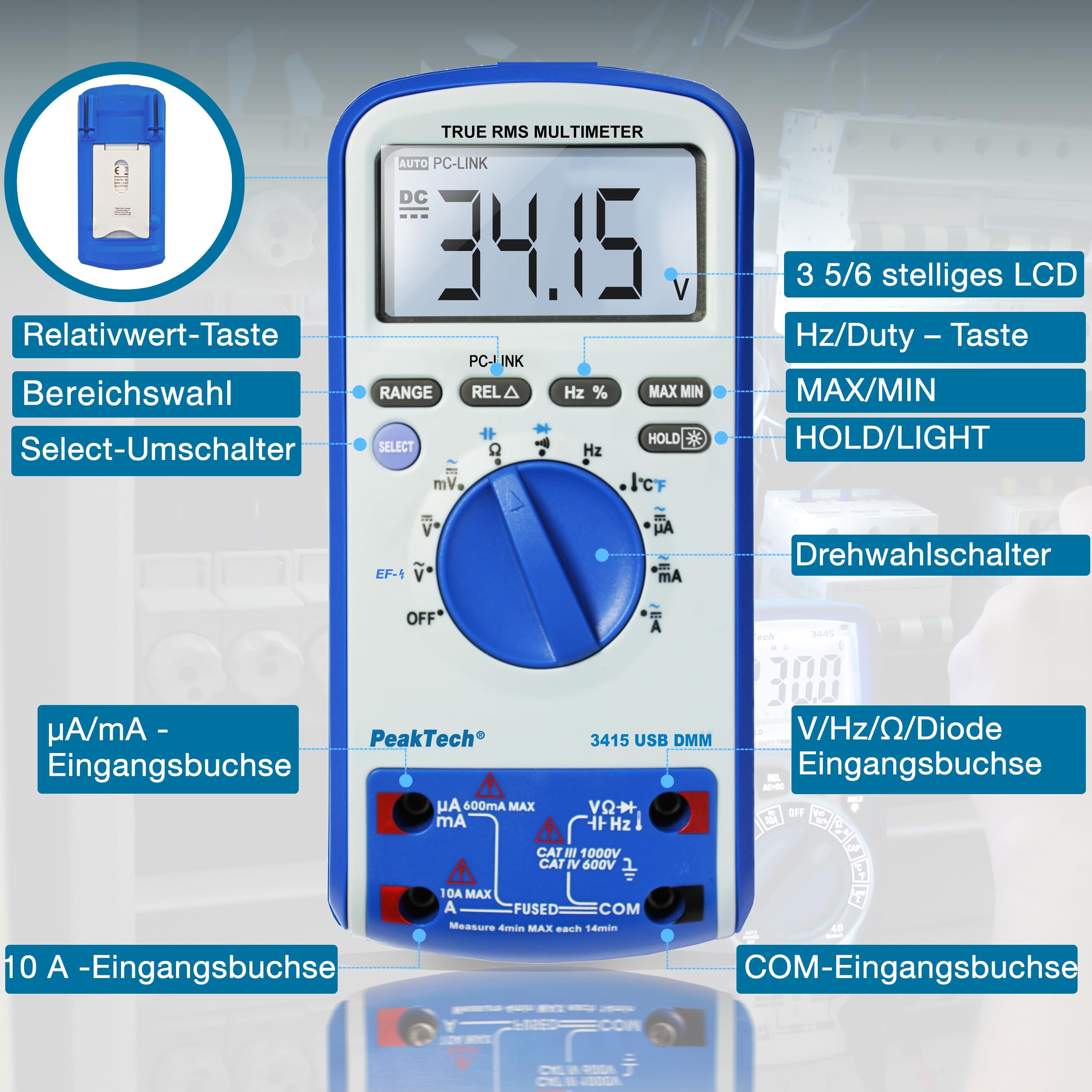 PeakTech P 3415 – TRUE RMS Digital Multimeter 6000 Counts mit USB, Durchgangsprüfer, Temperatur und Autorange - Cat III 1000V/ CAT IV 600V