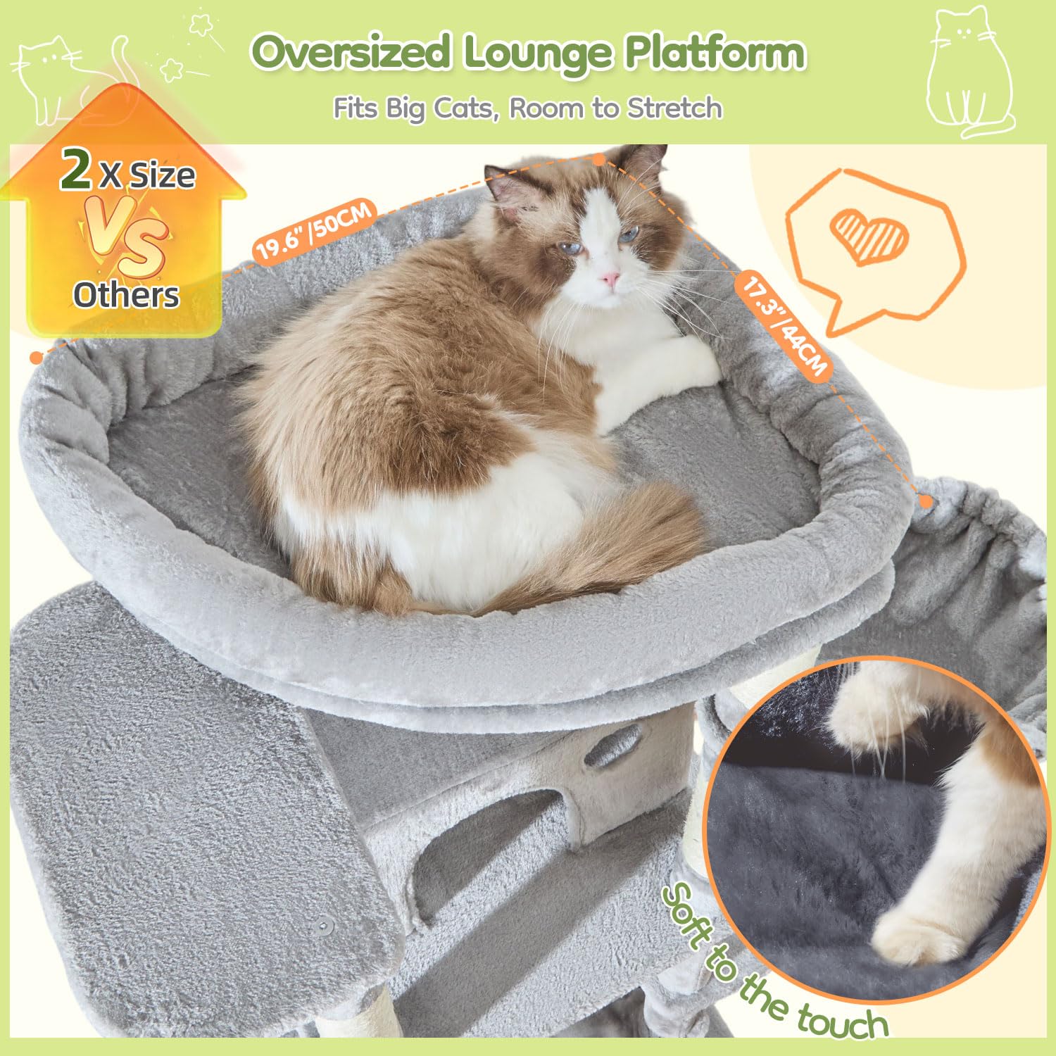 Taoqimiao 72 Inch Cat Tree, XXL Cat Tower for Indoor Cats Large Adult 25Lbs+, Extra-Large Platform, 2 Cat Houses, 7 Scratching Post, Extra-Sized Durable Hammock, Cozy Basket, Smoky Gray, F20G: Light Gray