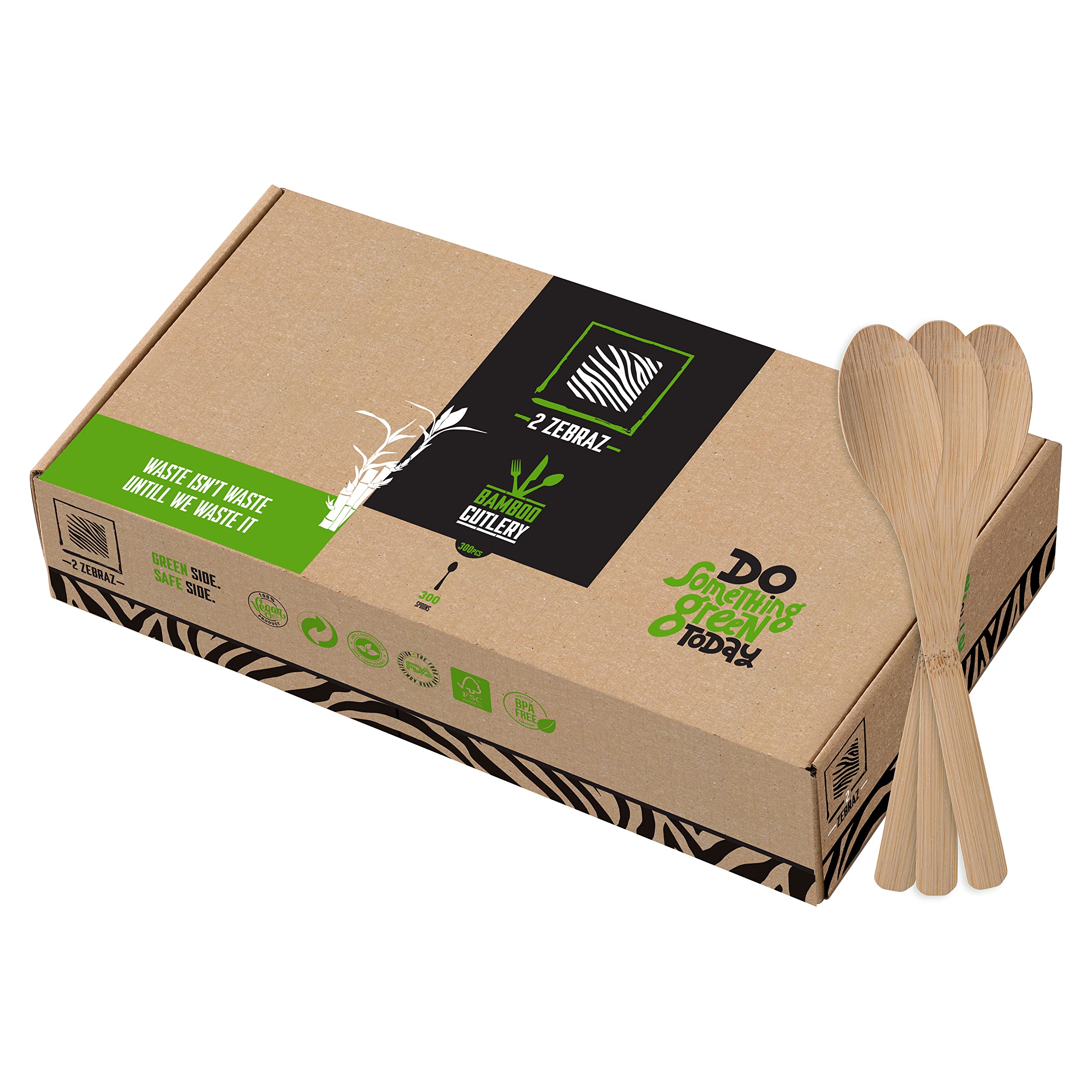 2ZEBRAZ 100% Bambus-Utensilien-Set mit 300 Löffeln, biologisch abbaubar, Besteck für Partys, Veranstaltungen, Grillen und Camping, wiederverwendbar oder Einweg, glatt, geruchlos, robustes Besteck