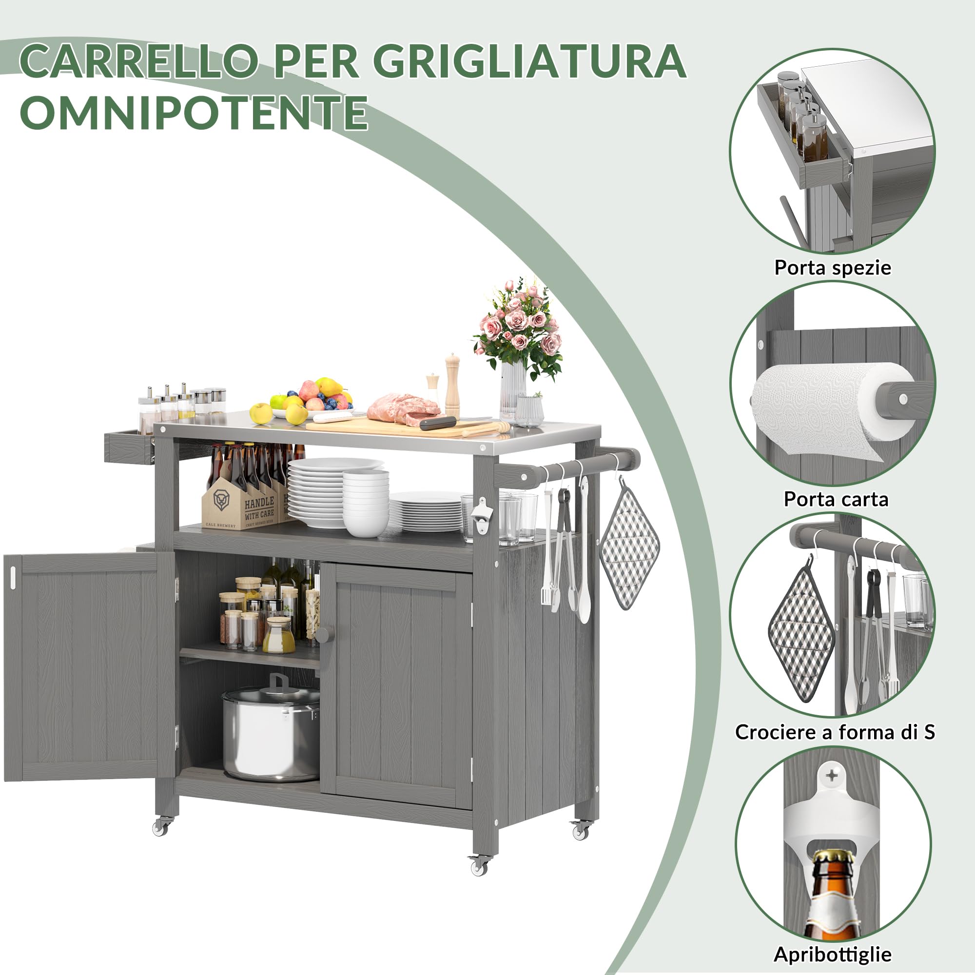 Isola di Cucina Esterna con Ruote Marrone - Carrello Barbecue Mobile Multifunzione, Piano Lavoro e Stoccaggio, Portatile per Giardino Terrazza Campeggio Picnic