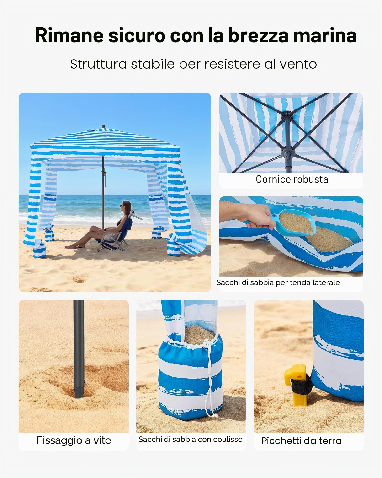 VEVOR Tenda da Spiaggia da 1830 x 1830 x 2290 mm, con Parete Laterale e Tasche per la Sabbia, Ombrellone Parasole Portatile Regolabile in Altezza per Famiglia e Amici, Blu Chiaro Striature Bianche