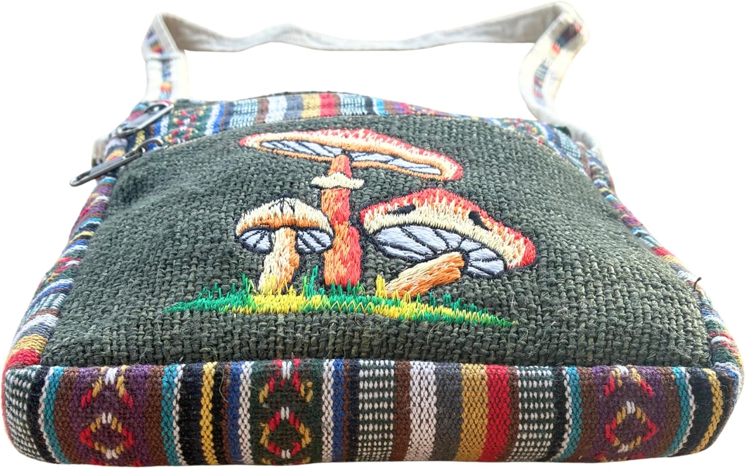 manakamana Handcrafted Hemp Crossbody Bag, Mushroom Embroidered Design, Natural Beige