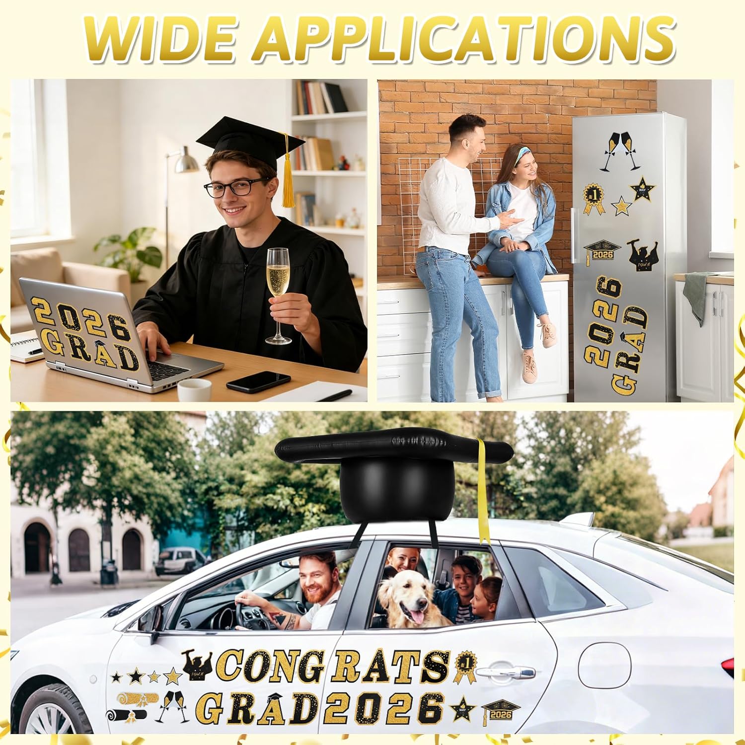 Graduation Car Decoration 27pcs Class of 2026 Grad Decor Car Magnetic 20'' PVC Inflatable Graduation Cap Car Decoration for Car Roof High School Senior College Prom Party Decor(Black, Gold)