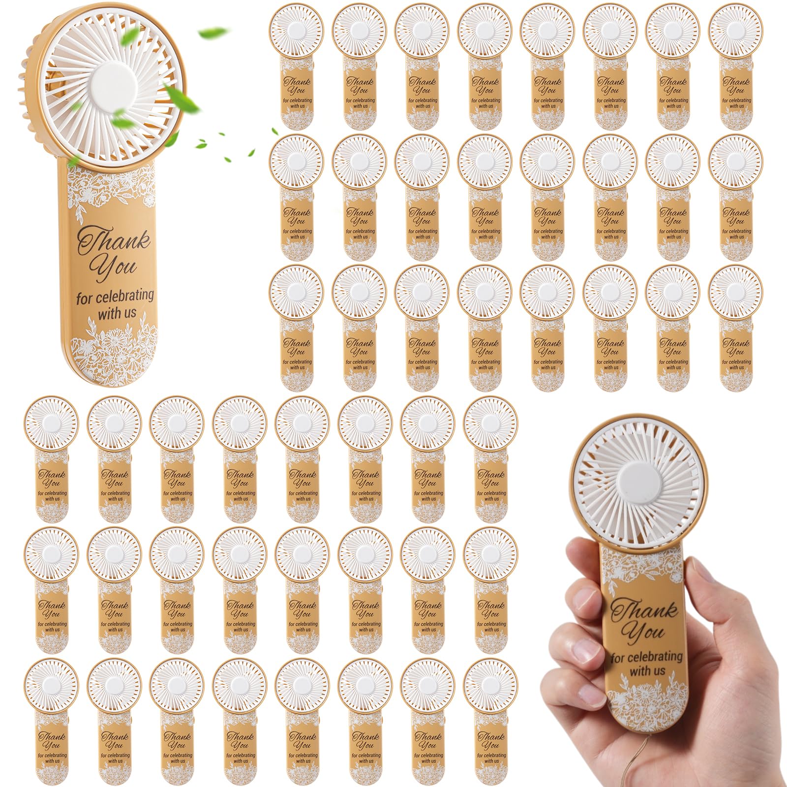 Mini éventail électrique à main pour invités de mariage avec motif fleur - Lot de 50 (marron)
