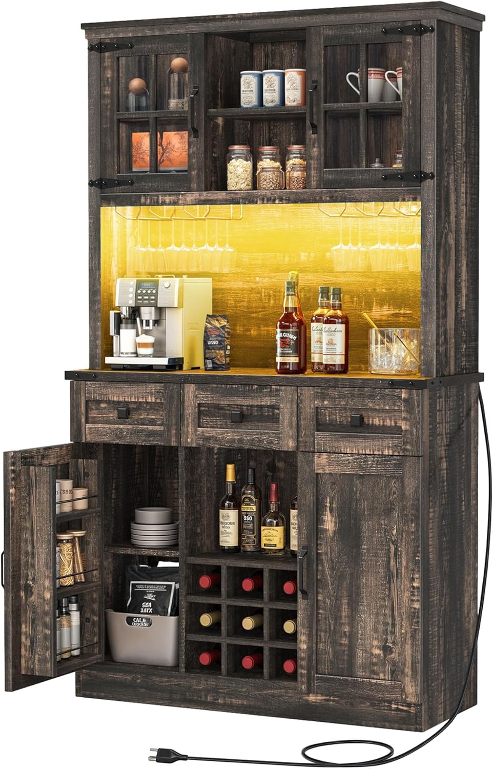DWVO Coffee Bar Cabinet with Power Outlet/Lights, 72" Farmhouse Pantry Cabinet with Storage Shelves and 3 Drawers, Tall Liquor Cabinet Bar Cabinets for Home/Living Room, Dark Rustic Oak