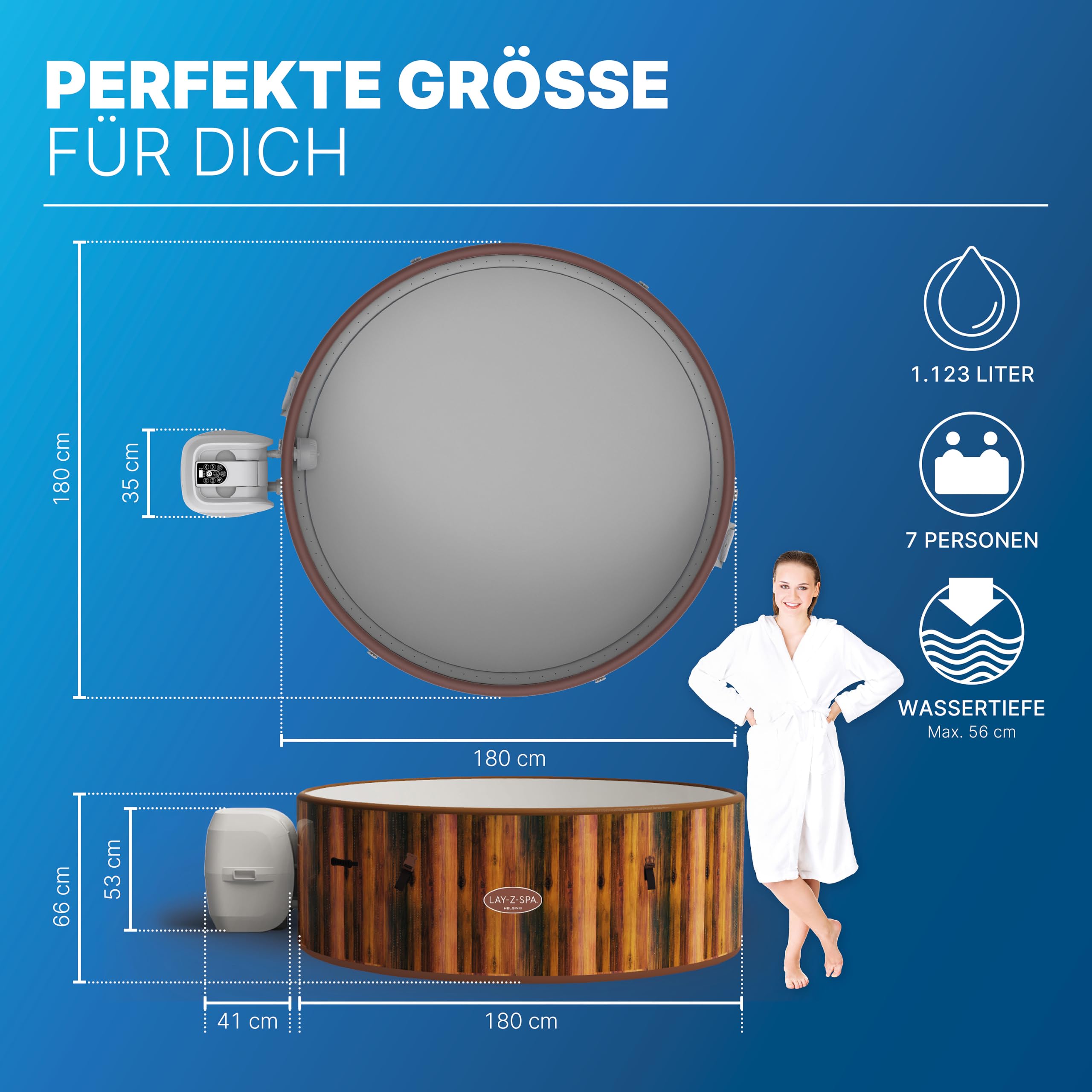 Bestway® LAY-Z-SPA® Whirlpool Helsinki AirJet Plus™ für 7 Personen, Ø 180 x 66 cm, Holz-Optik (Pinie)
