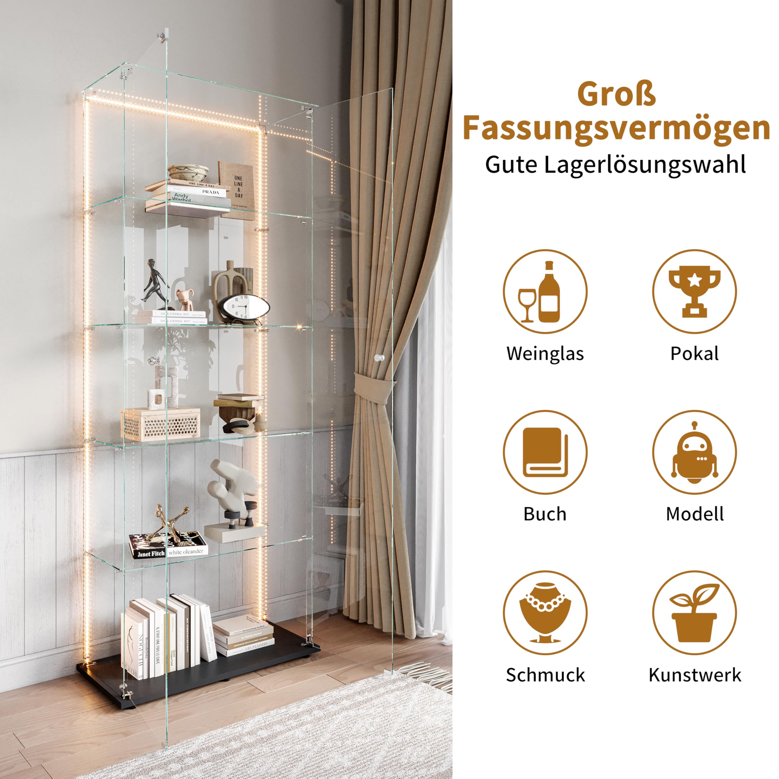 Vitrine en Verre avec LED,Armoire vitrine pour Collection avec 2 Porte 5 étagères Transparent Meuble Vitrine Verre vitrines Figurine Armoire Salon Bar (5 étages 2 Porte+LED-1, Noir)